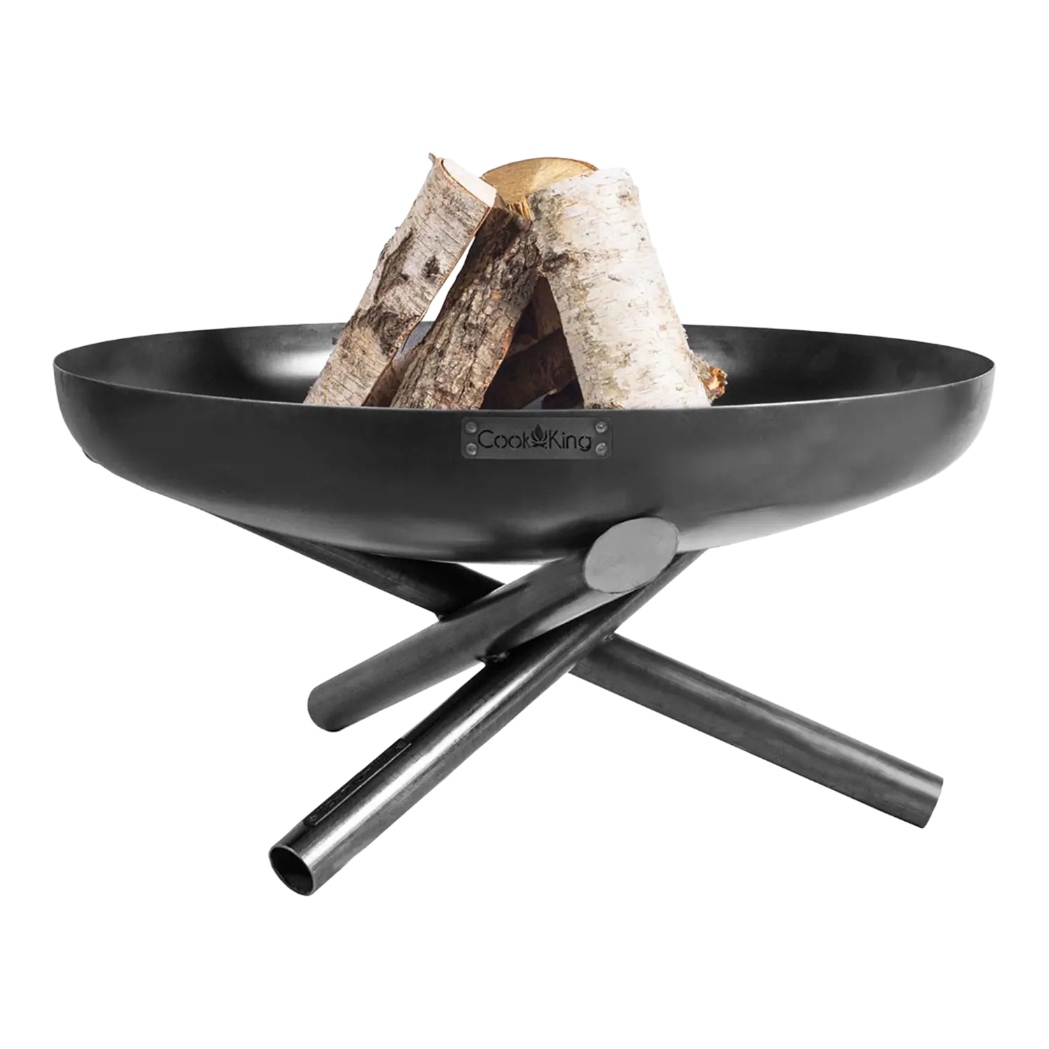 Feuerschale Idaho: eine schwarze Metallfeuerstelle mit Holzscheiten im Inneren.