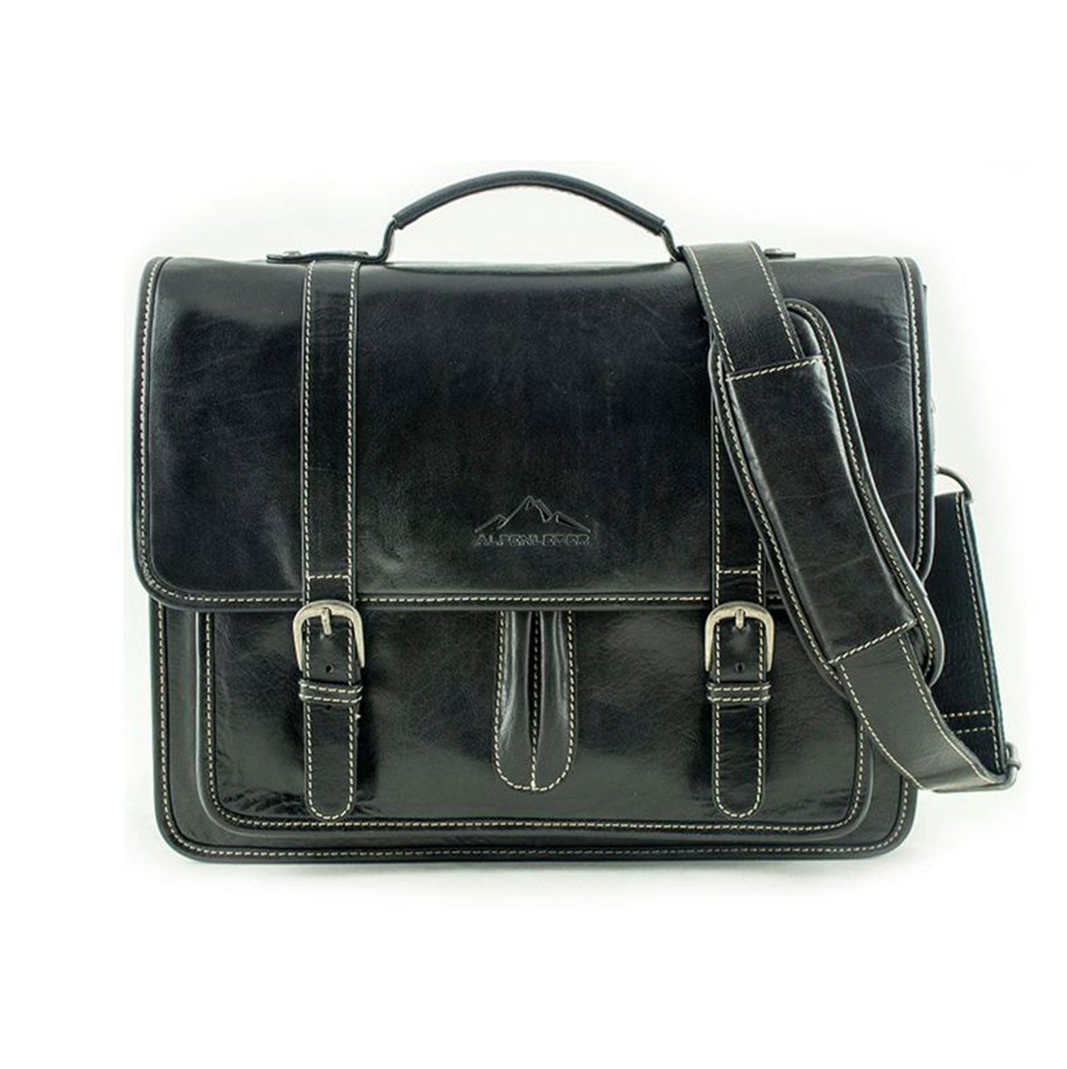 Die Alpenleder Aktentasche OHIO ist eine schwarze Leder-Umhängetasche mit Tragegriff