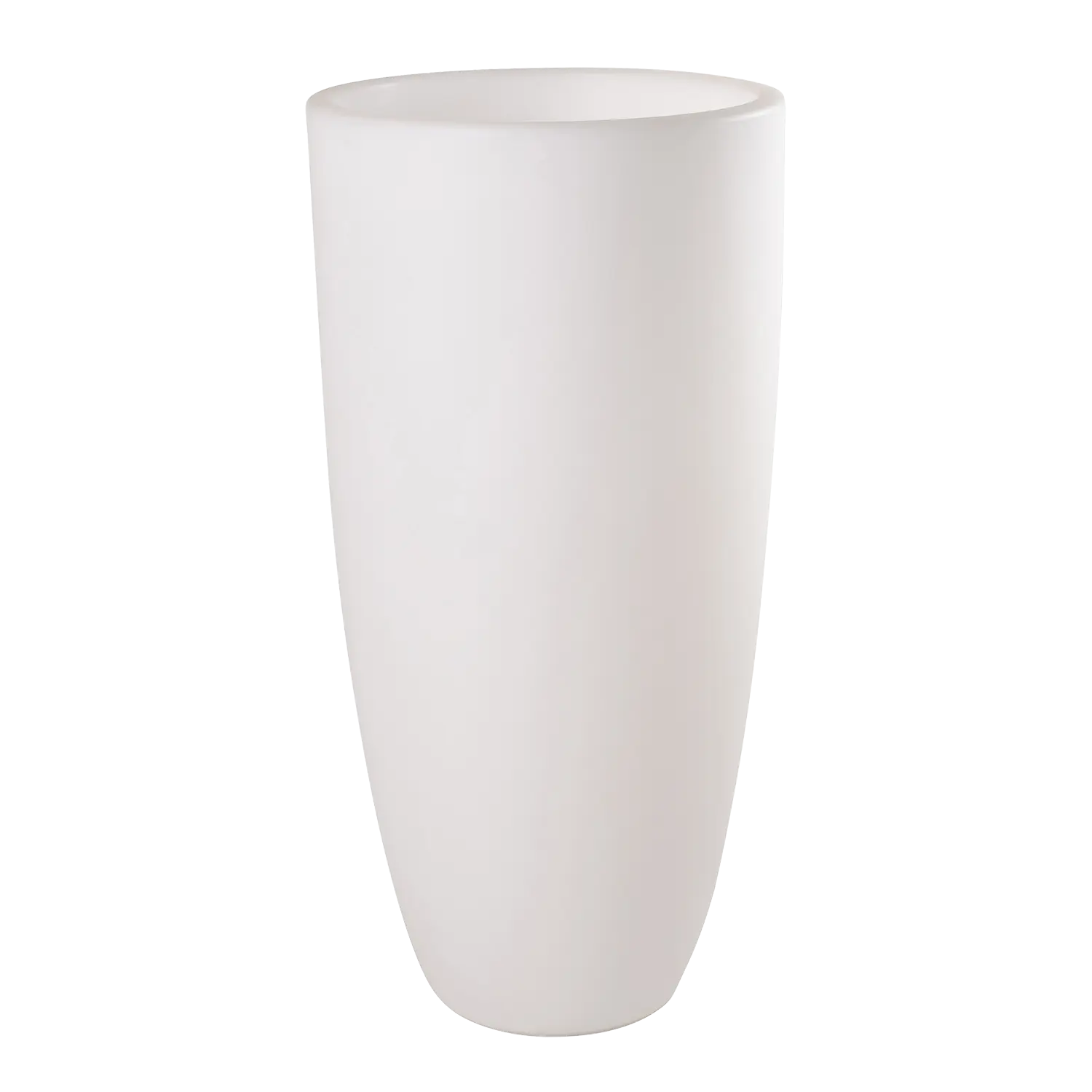 Hoher, schlichter, weißer Beleuchteter Blumentopf mit einer glatten, matten Oberfläche.