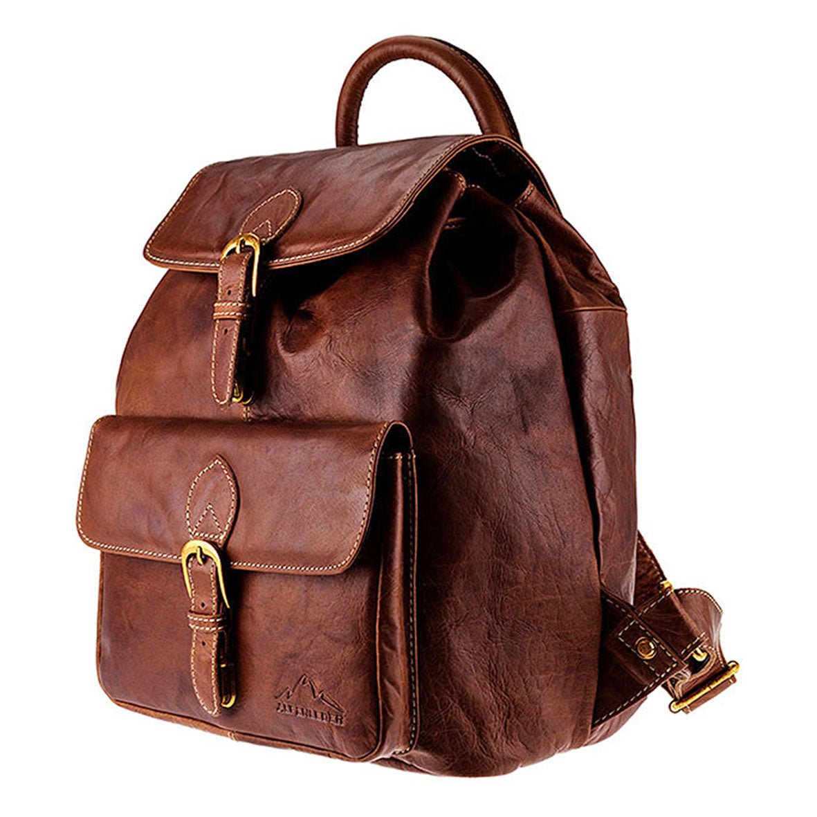 Der Leder-Rucksack JACOB'S WAY Farbe Brandy ist ein brauner Leder-Tagesrucksack im Vintage-Stil mit einer Klappe und einer goldfarbenen Schnalle. Er verfügt über eine Fronttasche mit passender Schnalle und verstellbare Schultergurte und vereint klassischen Stil mit funktionalem Design.