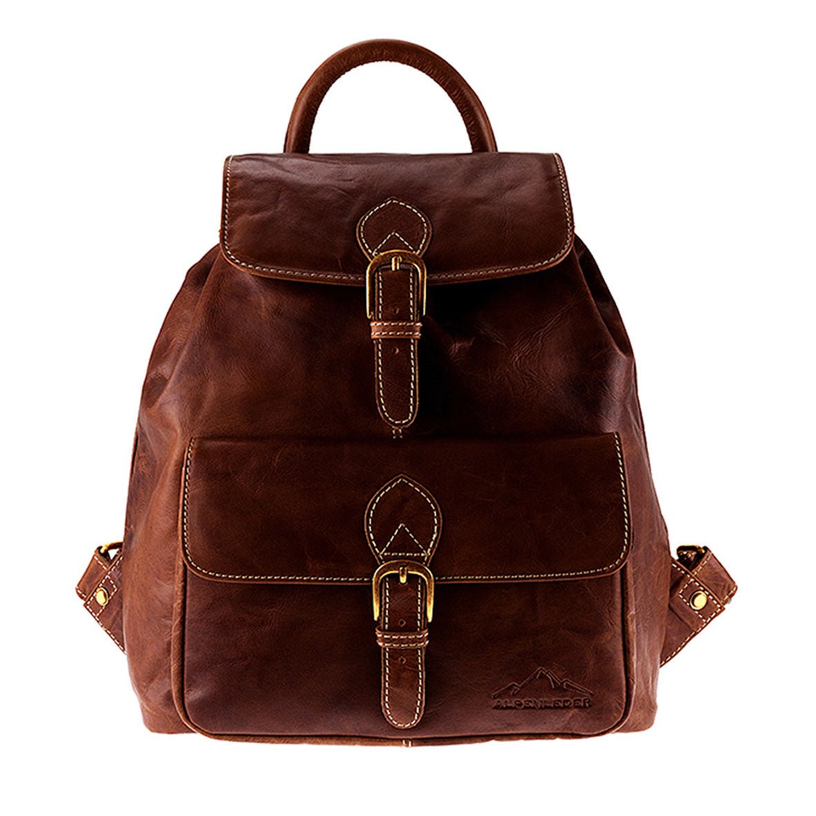 Der Vintage Leder-Rucksack JACOB'S WAY in Brandy ist aus glattem braunem Leder gefertigt. Er verfügt über eine Klappe, eine Fronttasche mit Schnalle, einen Tragegriff und verstellbare Schultergurte. Stilvoll und funktional, wird das klassische Design durch sichtbare Nähte akzentuiert.