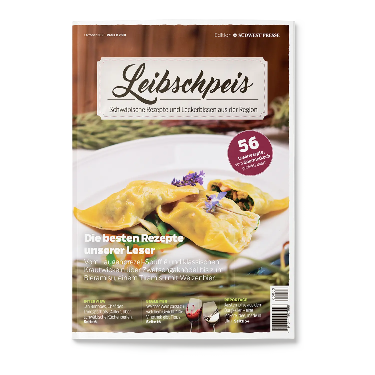 Cover der Zeitschrift Leibspeis mit köstlicher schwäbischer Küche: gefüllte Nudeln, garniert mit Kräutern, und einem roten Kreis, der 56 Lesertipps hervorhebt. Diese Ausgabe vom Oktober 2020 ist Teil des exklusiven Sets Leibspeis 2019/2021/2023.