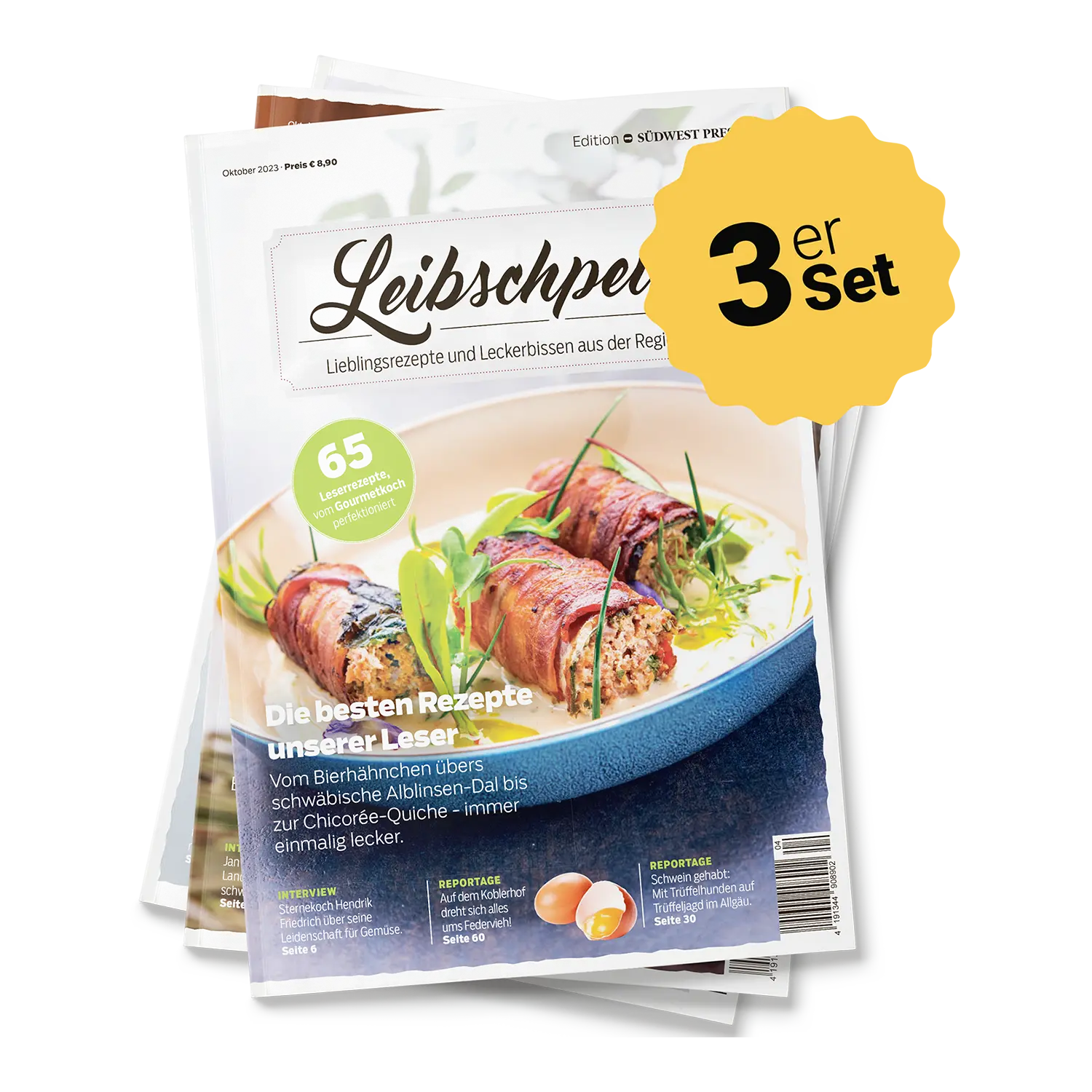Ein Stapel der Zeitschriften „Set Leibschpeis 2019/2021/2023“ trägt das Etikett „3er Set“. Die oberste Ausgabe zeigt ein gerolltes Fleisch- und Gemüsegericht mit 65 beliebten Rezepten der schwäbischen Küche, aufgewertet durch lebendigen deutschen Text und farbenfrohes Design auf dem Cover.