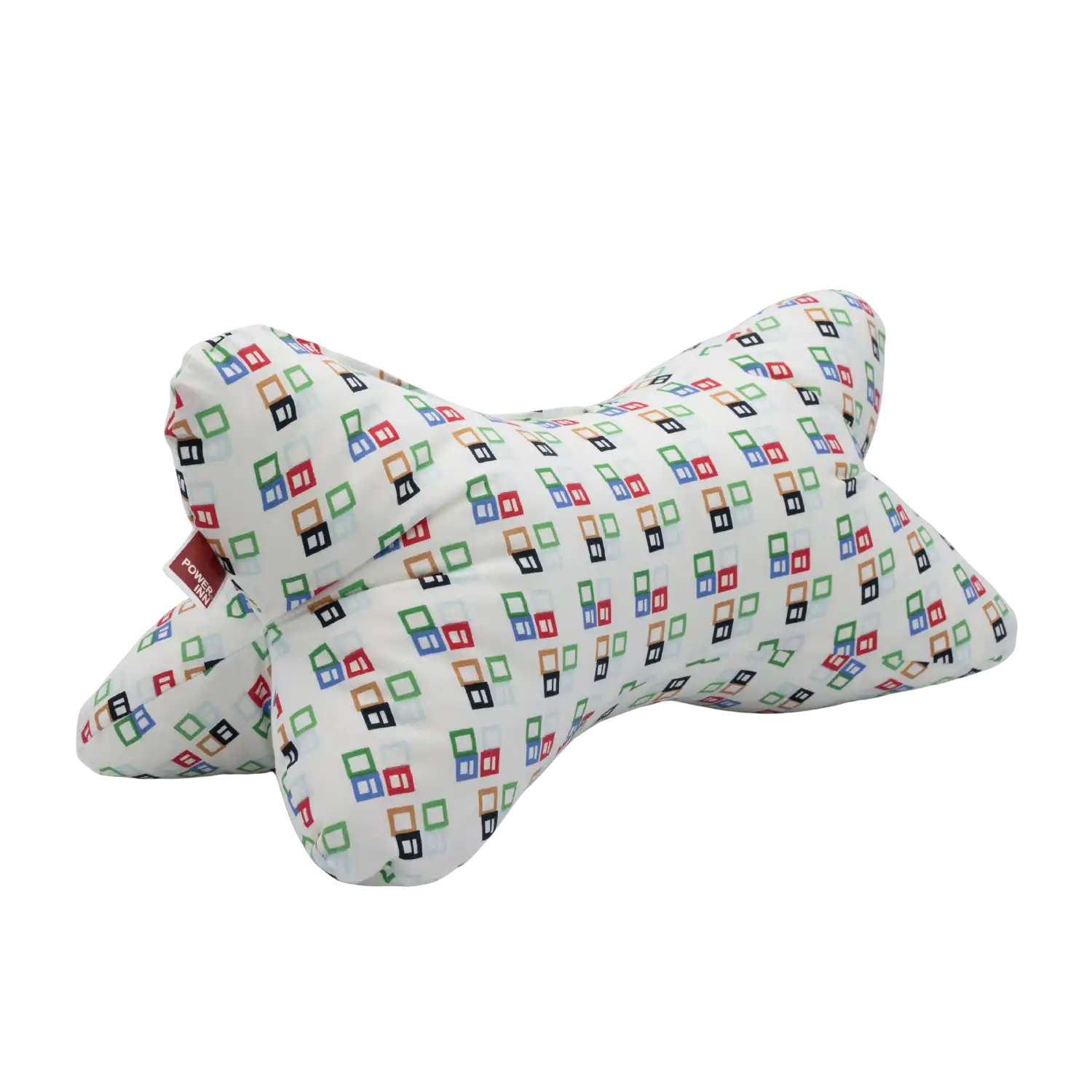 Lesekissen fürs Bett in Knochenform mit bunten Quadraten auf weißem Hintergrund.