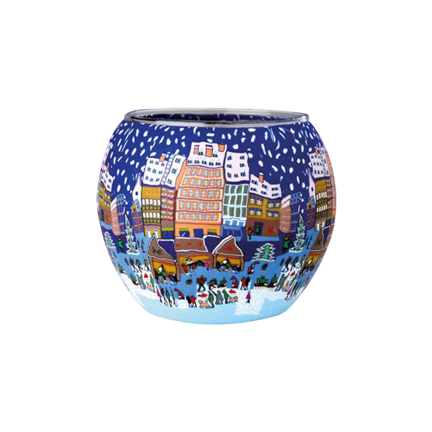 Der Teelichtglas Weihnachtsmarkt präsentiert handgemalte Motive einer farbenfrohen Stadtlandschaft. Sanft fallender Schnee über Gebäude, Autos und Menschen und fängt den Charme eines Weihnachtsmarktes in einer festlichen Winterlandschaft ein.