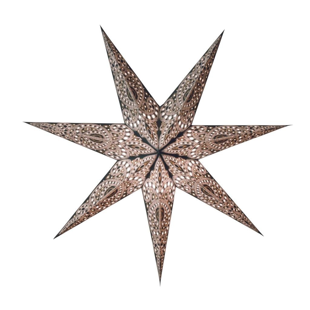 Der Leuchtstern Kaschmir schwarz zeigt dekorative, achtzackige Paisley- und Punktmuster in Braun auf weißem Grund, ideal für die Weihnachtszeit.