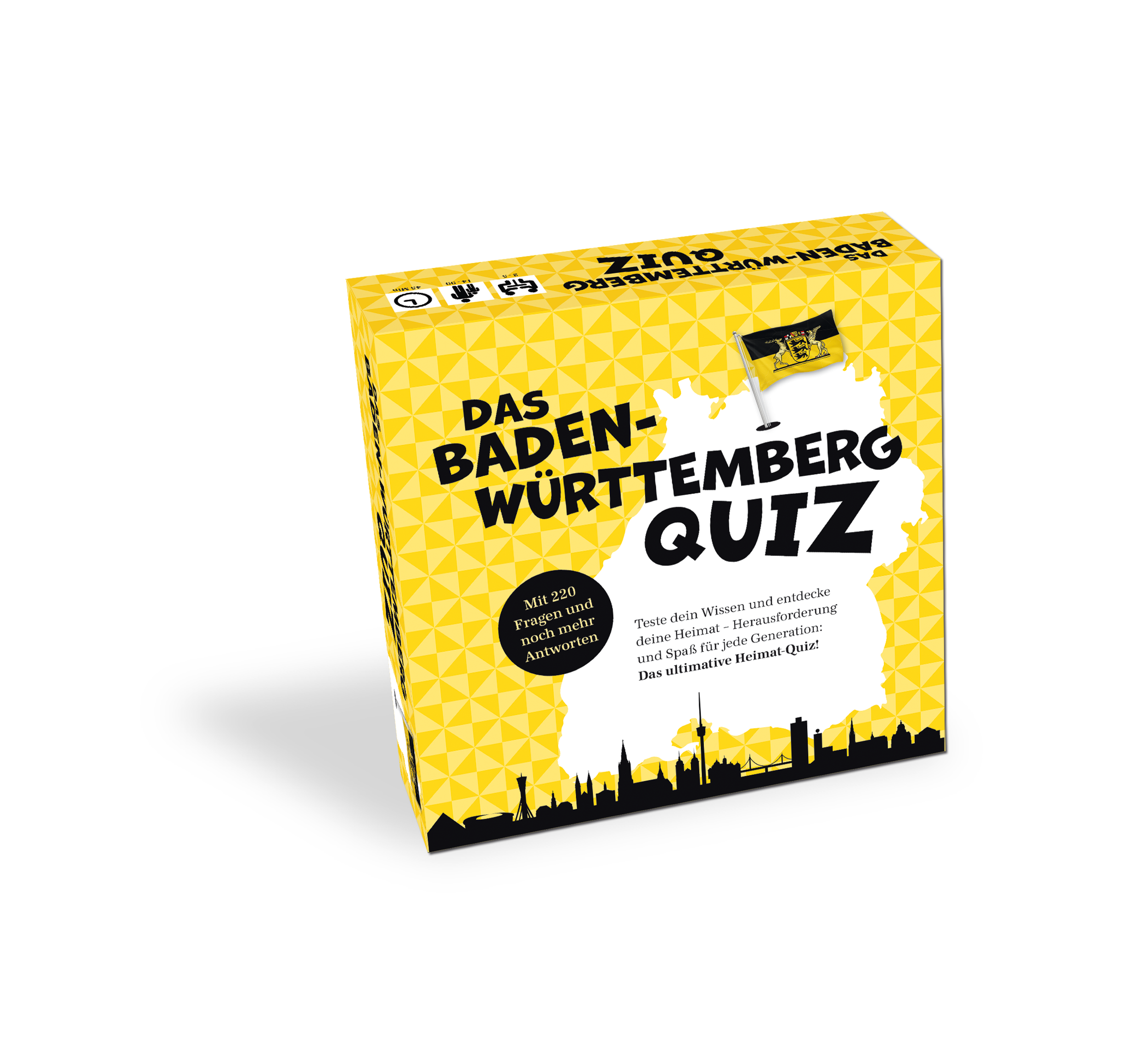 Gelb-schwarze Box von „Das Baden-Württemberg Quiz“ mit Skyline- und Flaggendesign, schräg auf weißem Hintergrund.