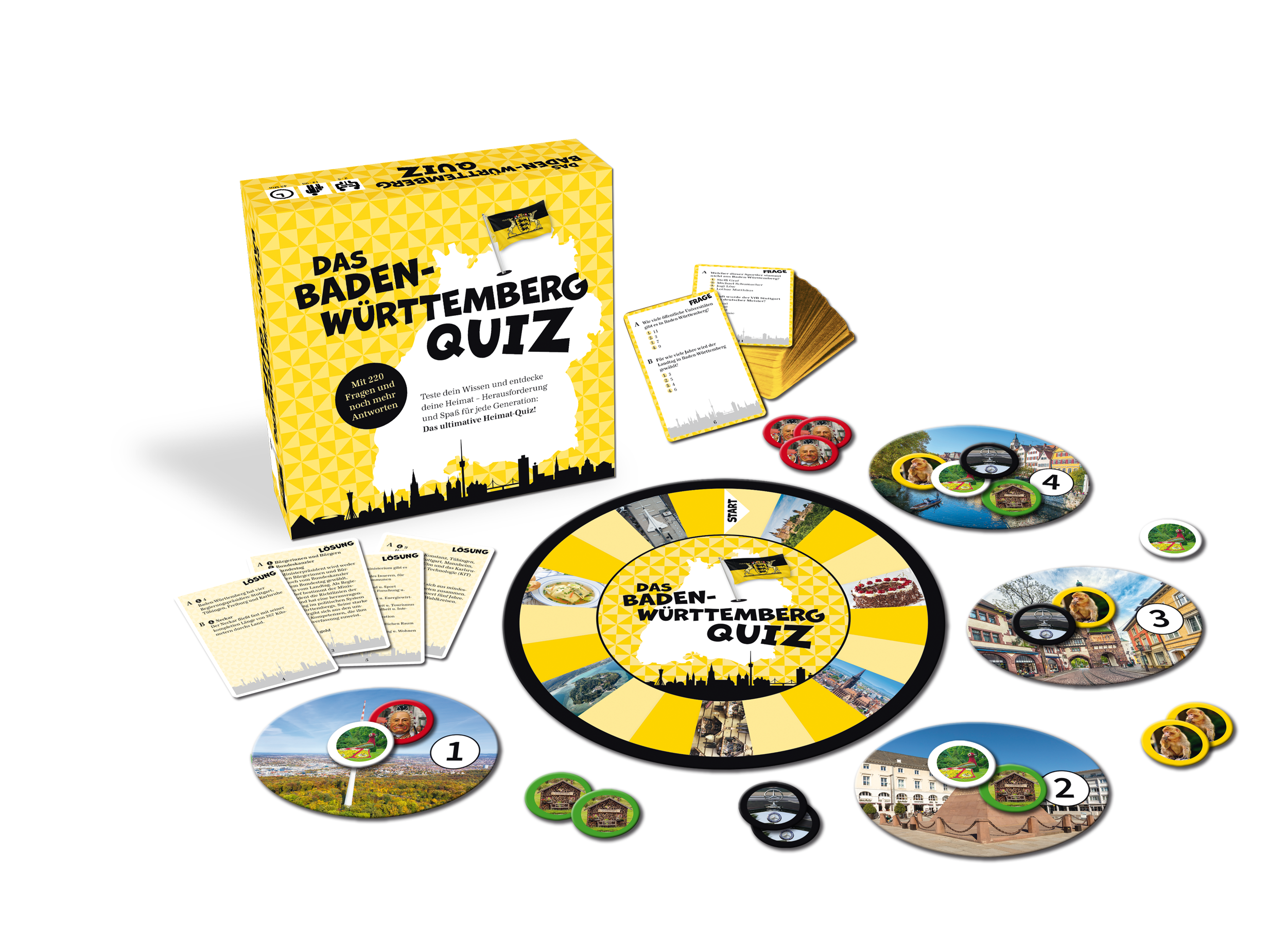 Das Baden-Württemberg-Quiz-Brettspiel wird mit Karten, runden Spielsteinen und einem kreisförmigen Spielbrett gezeigt.
