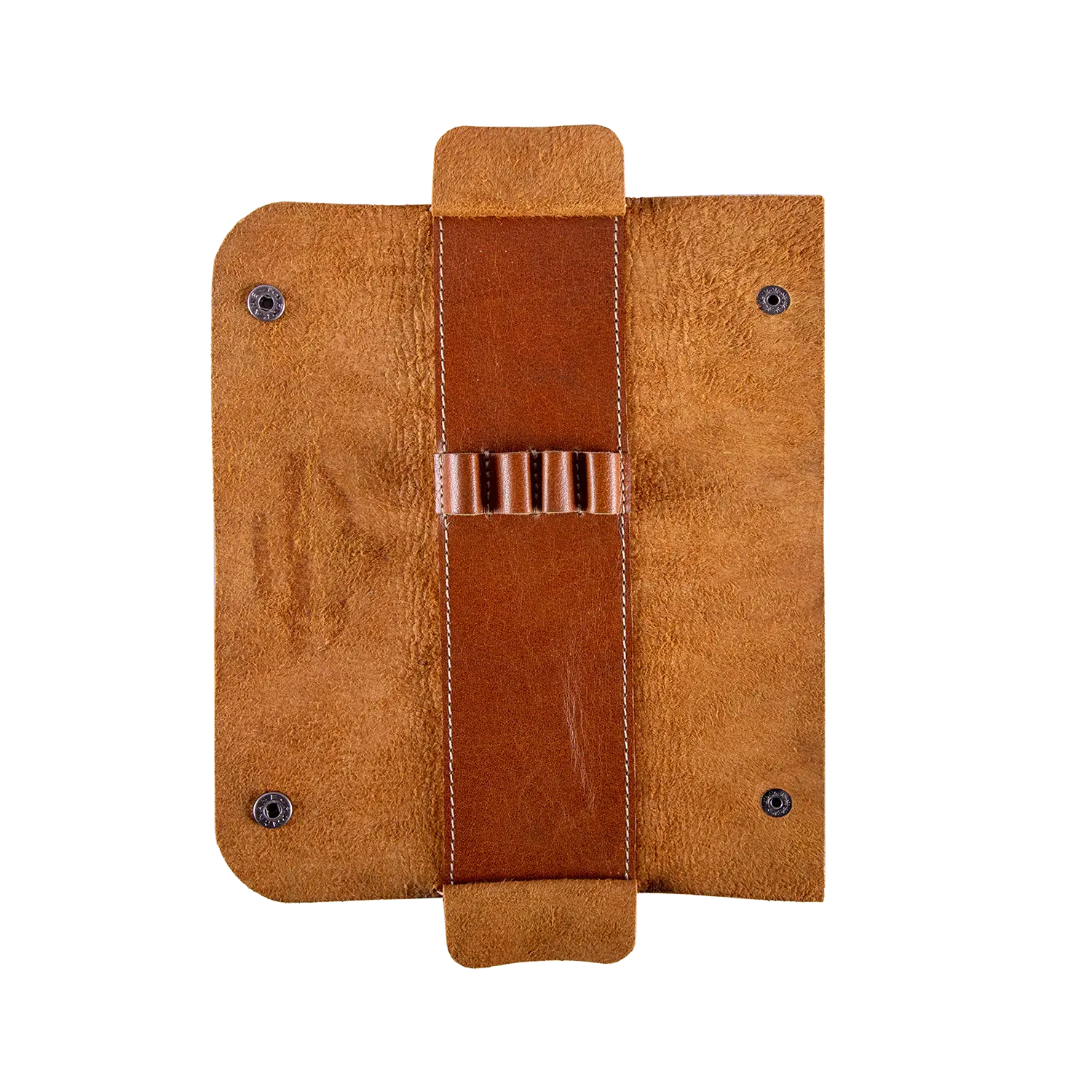 Alpenleder Stiftemappe LISSI Cognac mit Steppung und Druckknöpfen, flach auf weiß.