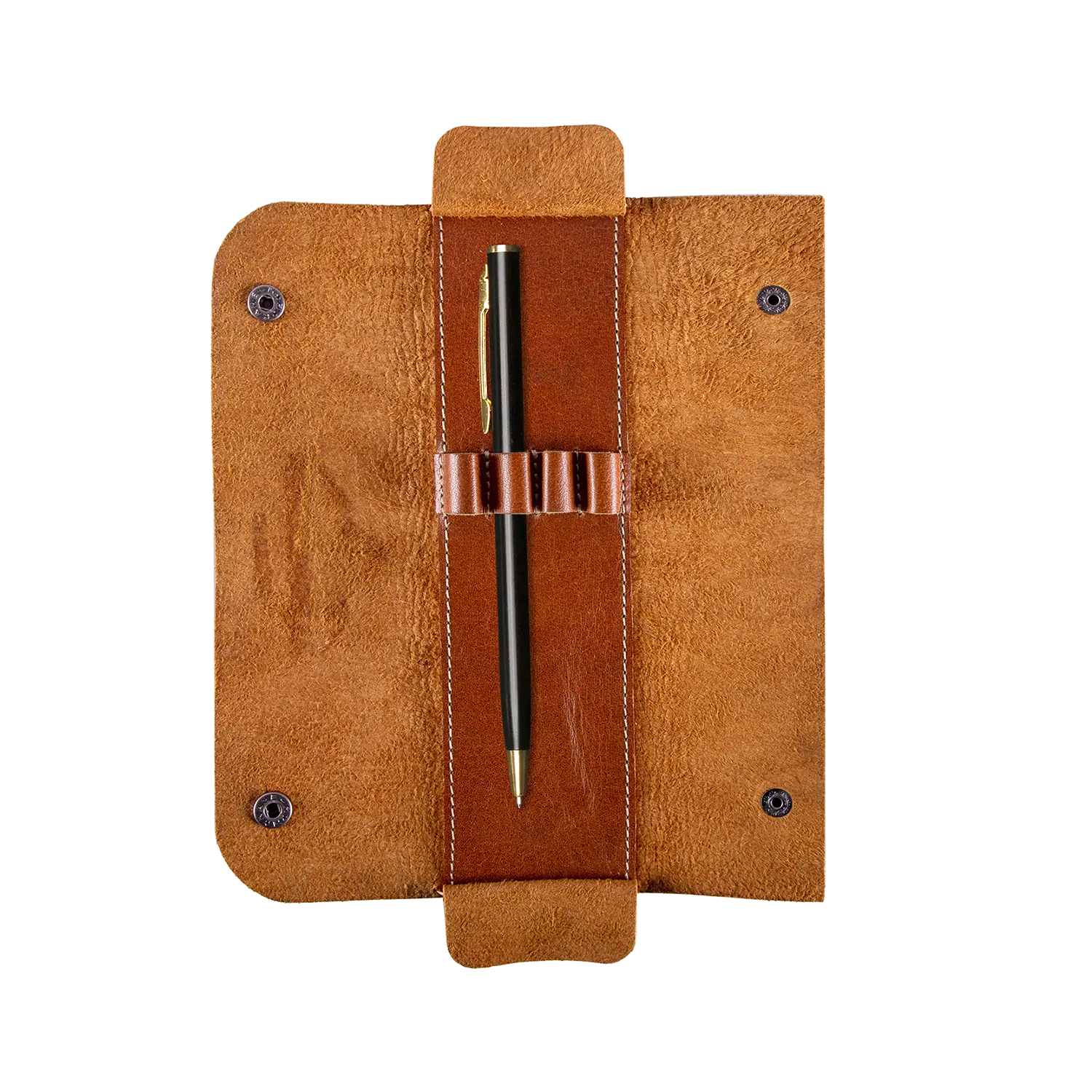 Stiftemappe LISSI Cognac von Alpenleder mit schwarz-goldenem Stift, Ansicht von oben.