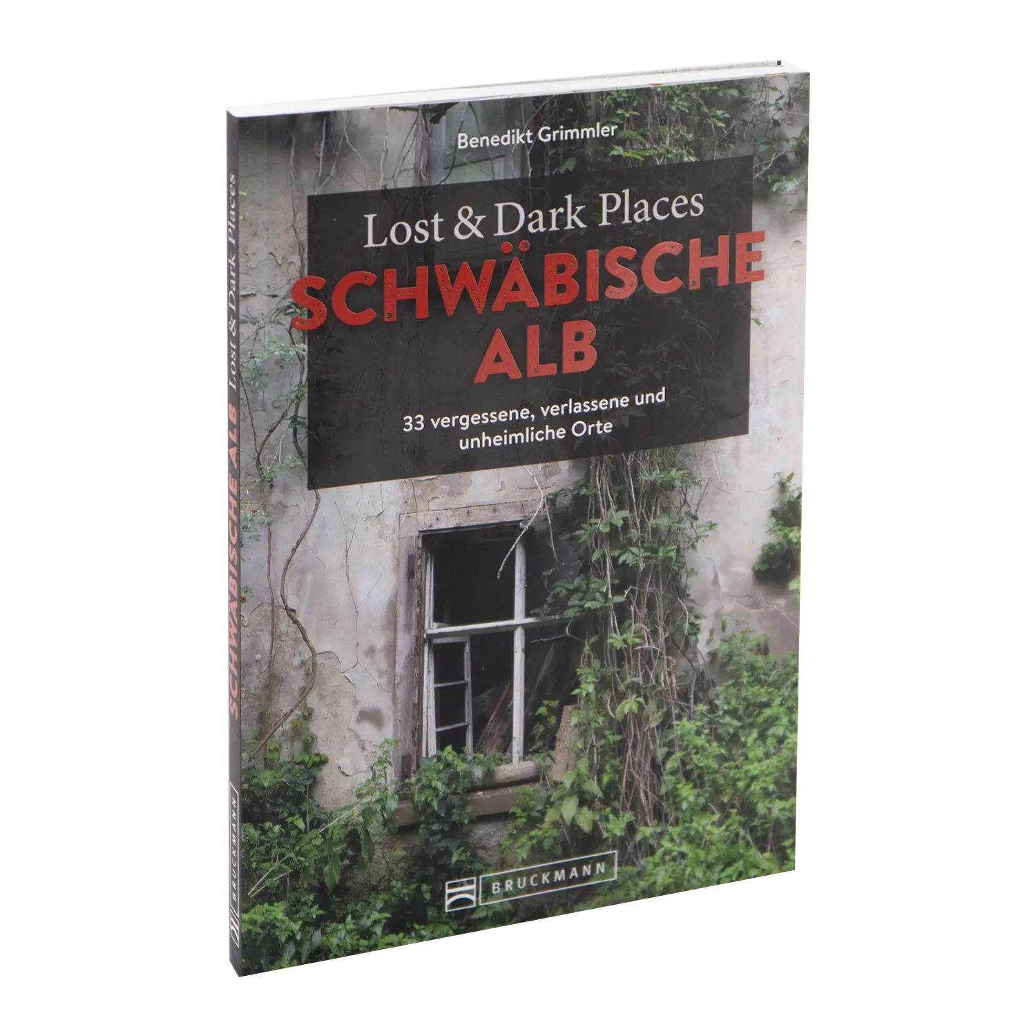 Das Bild zeigt das Buch „Lost & Dark Places Schwäbische Alb“ von Benedikt Grimmler, erschienen bei Bruckmann. Das Cover zeigt ein efeubewachsenes, überwuchertes Fenster, das Mysterien und Visionen unheimlicher Orte in den verborgenen Winkeln der Schwäbischen Alb weckt.