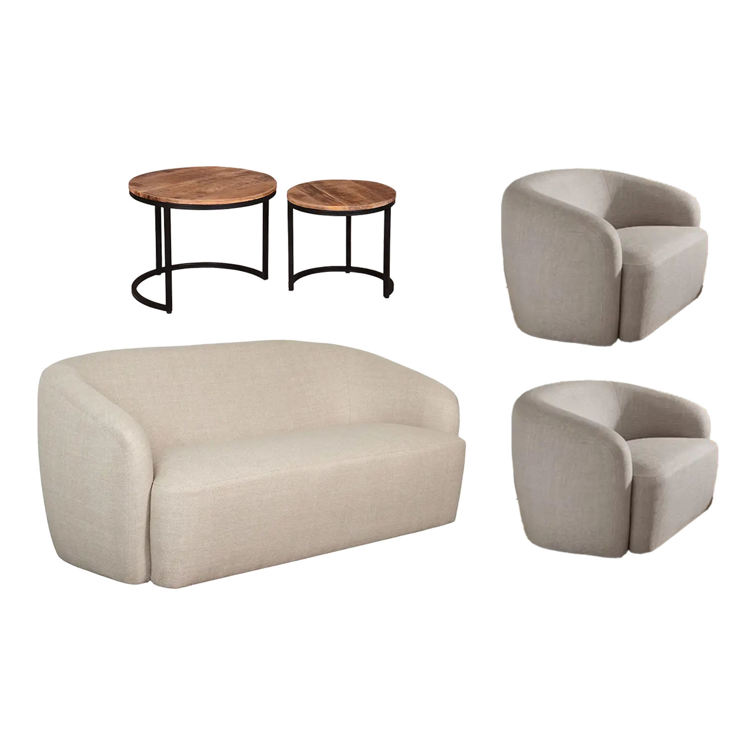 Loungeset Loconia Fermo: beigefarbene Sofagarnitur mit passenden Sesseln und Nischentischen.