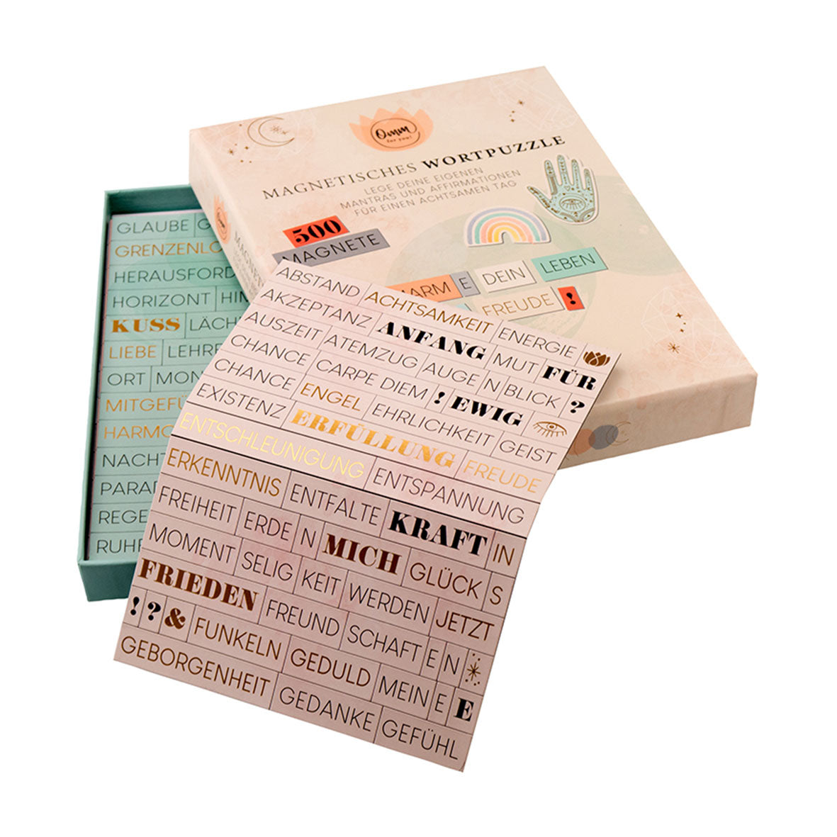 Mit dem Magnetischen Wortpuzzle-Set mit deutschen Wörtern können Nutzer Sätze und positive Affirmationen formulieren. Mit neutralen Farben und Kritzeleien ist es nicht nur ein Spiel, sondern ein inspirierendes Werkzeug für Kreativität.