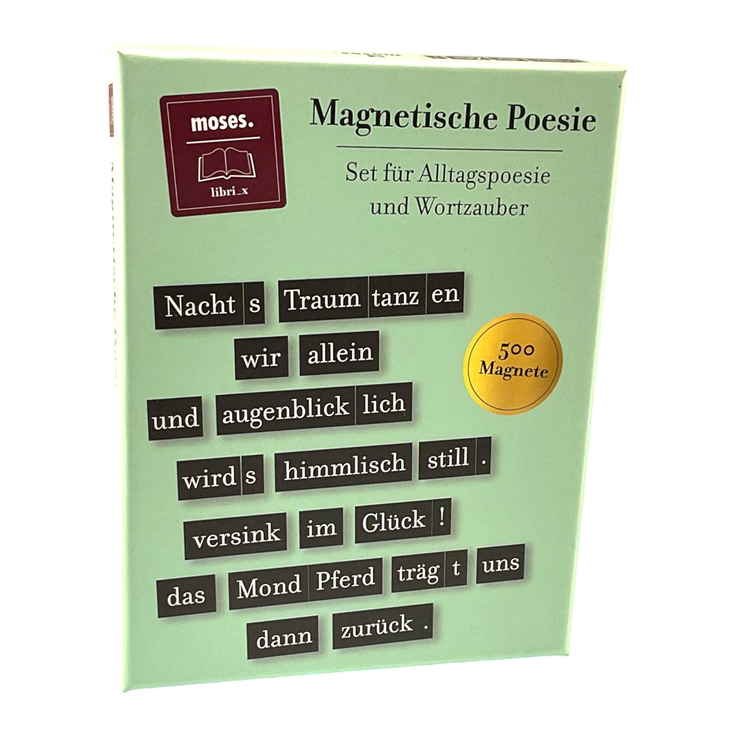 Eine grüne Box „Magnetische Poesie“ enthält ein deutsches Magnetpoesie-Set für Wortakrobaten mit 500 Magneten zum Basteln entzückender Alltagspoesie.