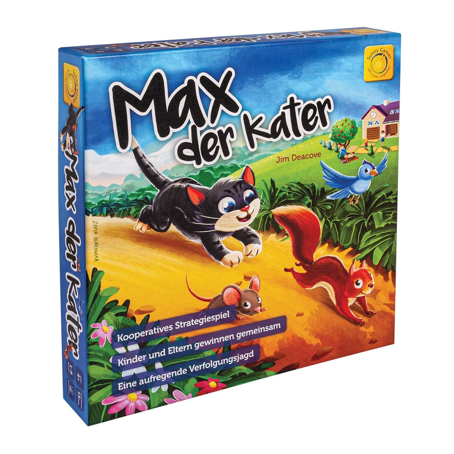 Die Brettspielbox von „Max der Kater“ zeigt eine verspielte schwarze Katze, die unter blauem Himmel mit Bäumen und Gras auf einem Pfad ein rotes Eichhörnchen und einen Vogel jagt. Der deutsche Text bewirbt das Spiel als kooperatives Brettspiel, das strategisches Denken fördert.