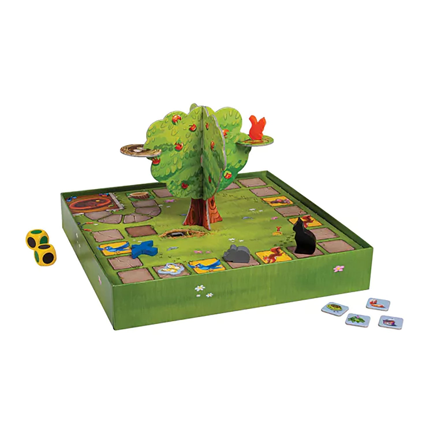 Max der Kater ist ein lebendiges Brettspiel mit einem zentralen 3D-Baum, umgeben von einem mit Tieren illustrierten Pfad. Strategisches Denken steht im Vordergrund: Spieler navigieren mit Würfeln und Spielsteinen über das Brett und nutzen die Äste des Baums als Spielsteine für ein spannendes kooperatives Spielerlebnis.