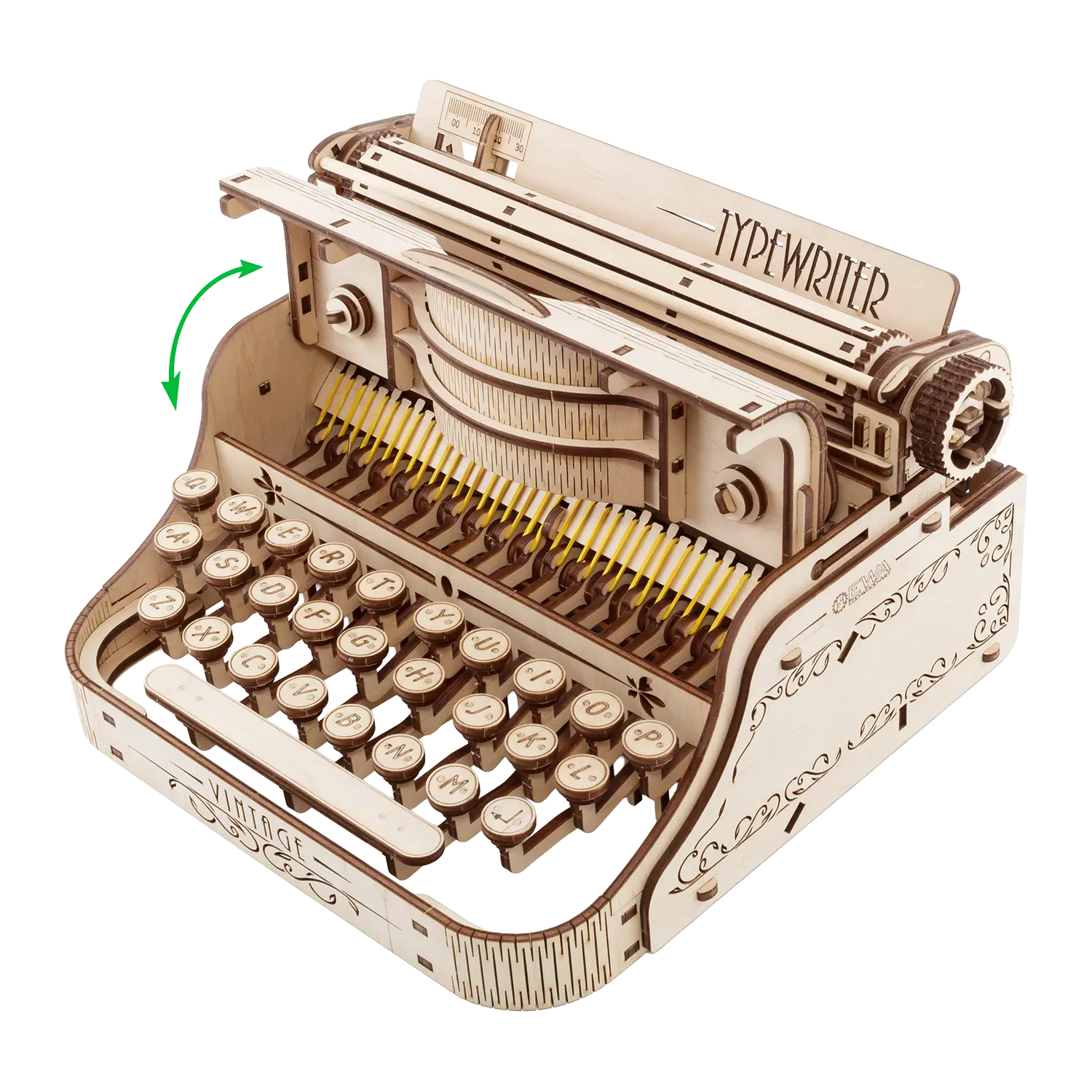 3D-Holzpuzzle Schreibmaschine mit detailreichen Tasten, responsiv gestaltet.