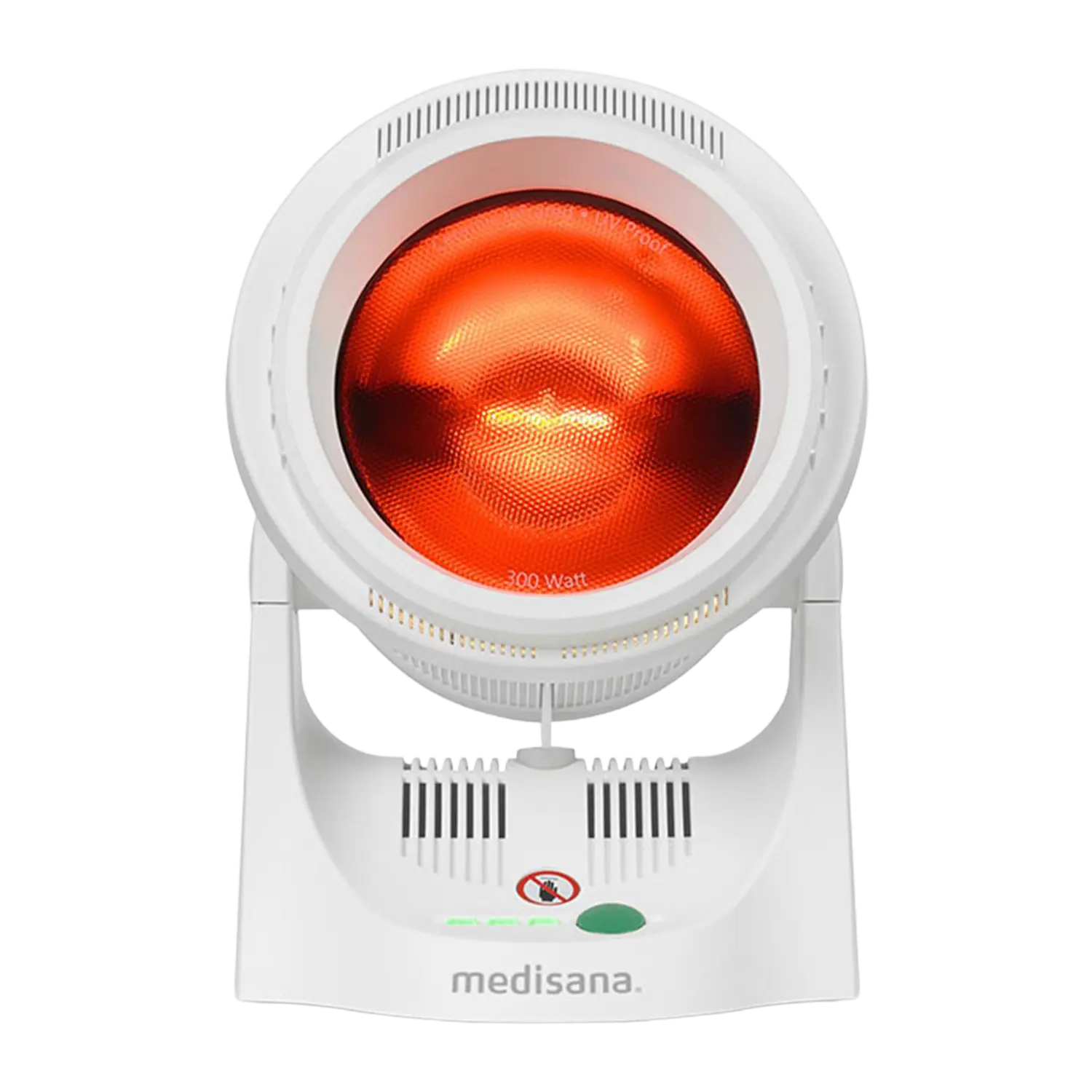 Weiße Infrarotlampe mit Timer mit einer orange leuchtenden Glühbirne.