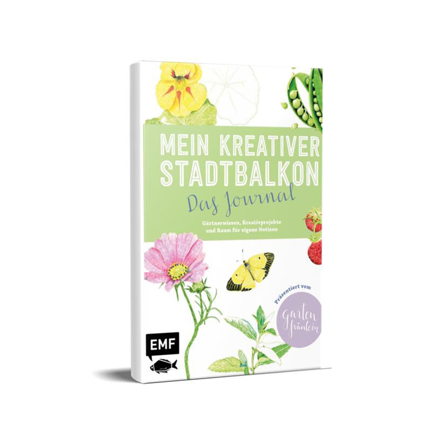 „Mein kreativer Stadtbalkon – Das Journal“ ist ein gebundenes Buch mit lebendigen Illustrationen von Blumen, Pflanzen und Gemüse. Es ist ideal für Gartenliebhaber und bietet Tipps und kreative Ideen für kleine Räume.