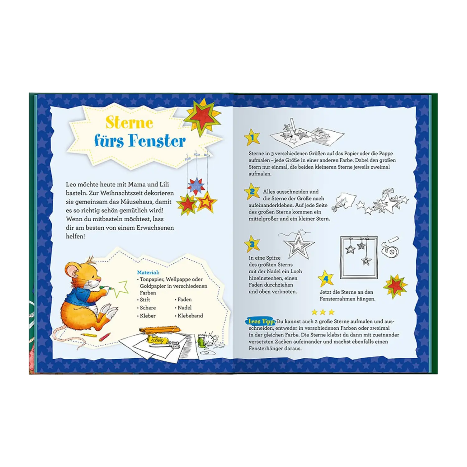 Eine Seite aus Leo Lausemaus - Mein Adventskalenderbuch: Papiersterne für Fenster.