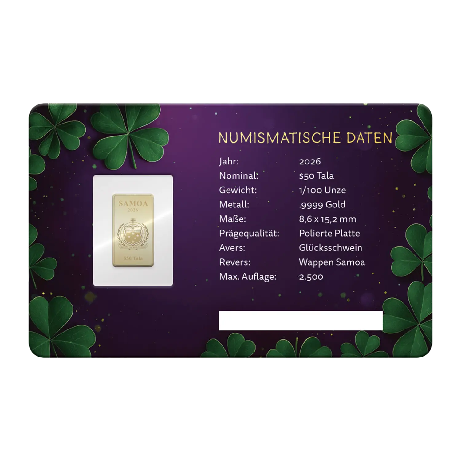 Goldbarren Glücksschwein Karte mit numismatischen Daten und Randradius auf lila.