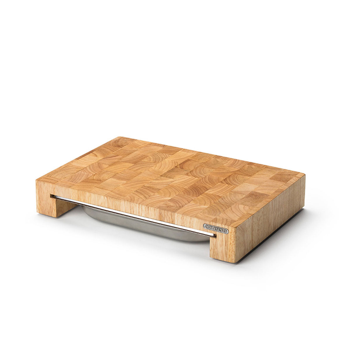 Ein Schneidebrett mit Edelstahl-Schublade aus Holz mit Schachbrettmuster verfügt über rutschfeste Gummifüße und auf der Seite ist auf einem schlichten weißen Hintergrund der Markenname „Continenta“ elegant eingraviert.