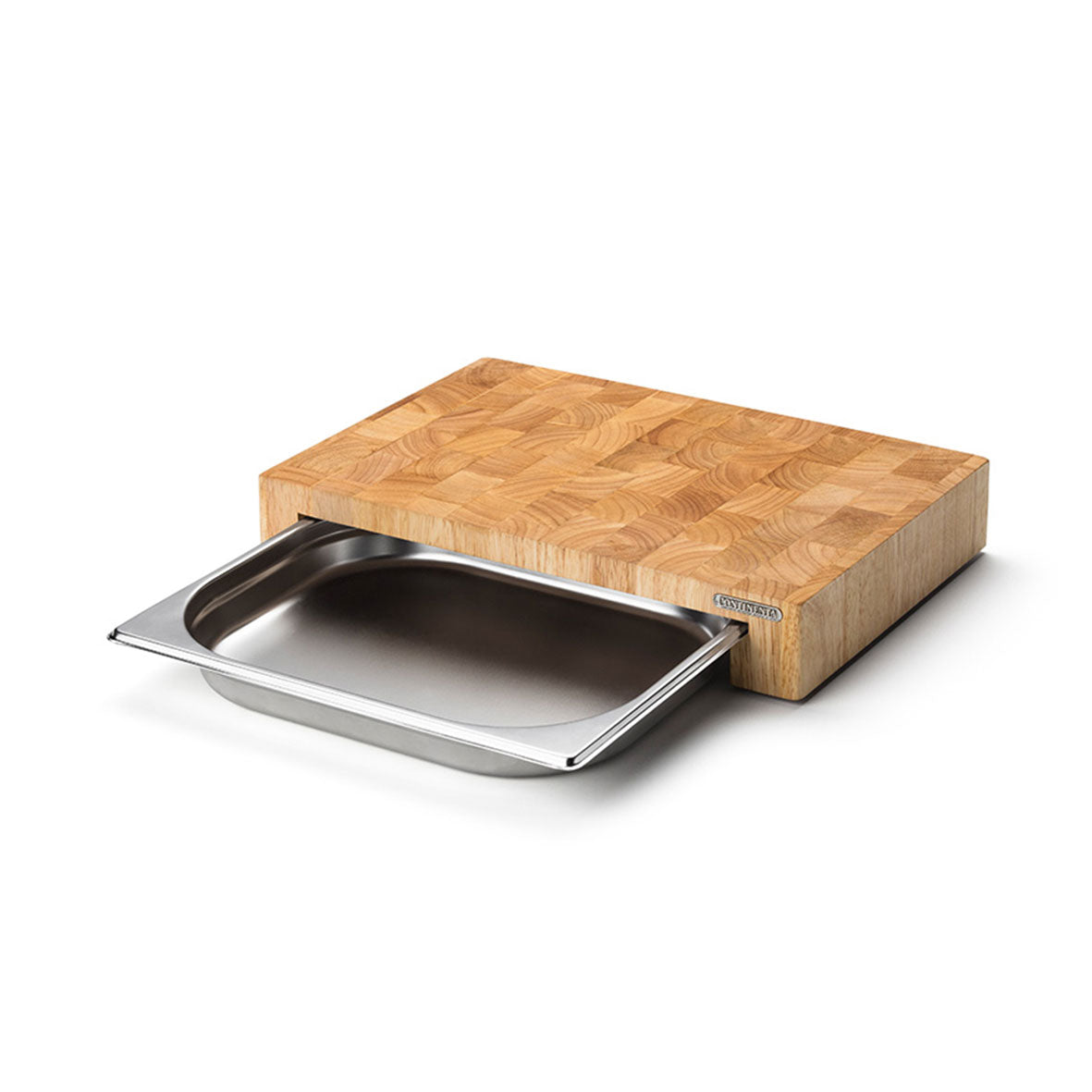 Das Schneidebrett mit Edelstahl-Schublade ist ein Holzschneidebrett mit glatter, heller Holzoberfläche und erhabenem Design. Es verfügt über eine ausziehbare Edelstahl-Schublade zum Auffangen von Zutaten, und rutschfeste Gummifüße sorgen für Stabilität während der Benutzung.
