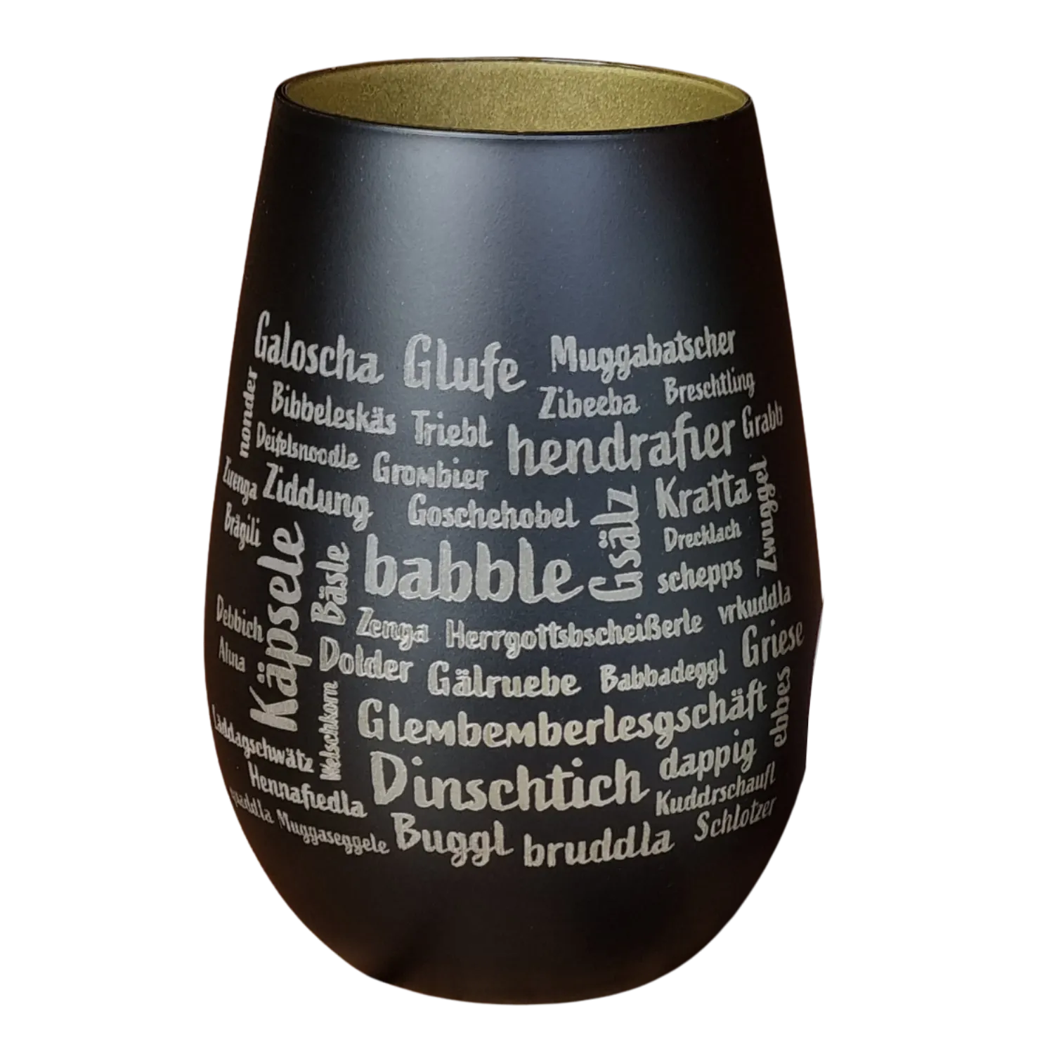 Mundart-Windlicht schwarze Tasse mit Schriftzug in verschiedenen Schriftarten von der Schwarzwald Manufaktur.