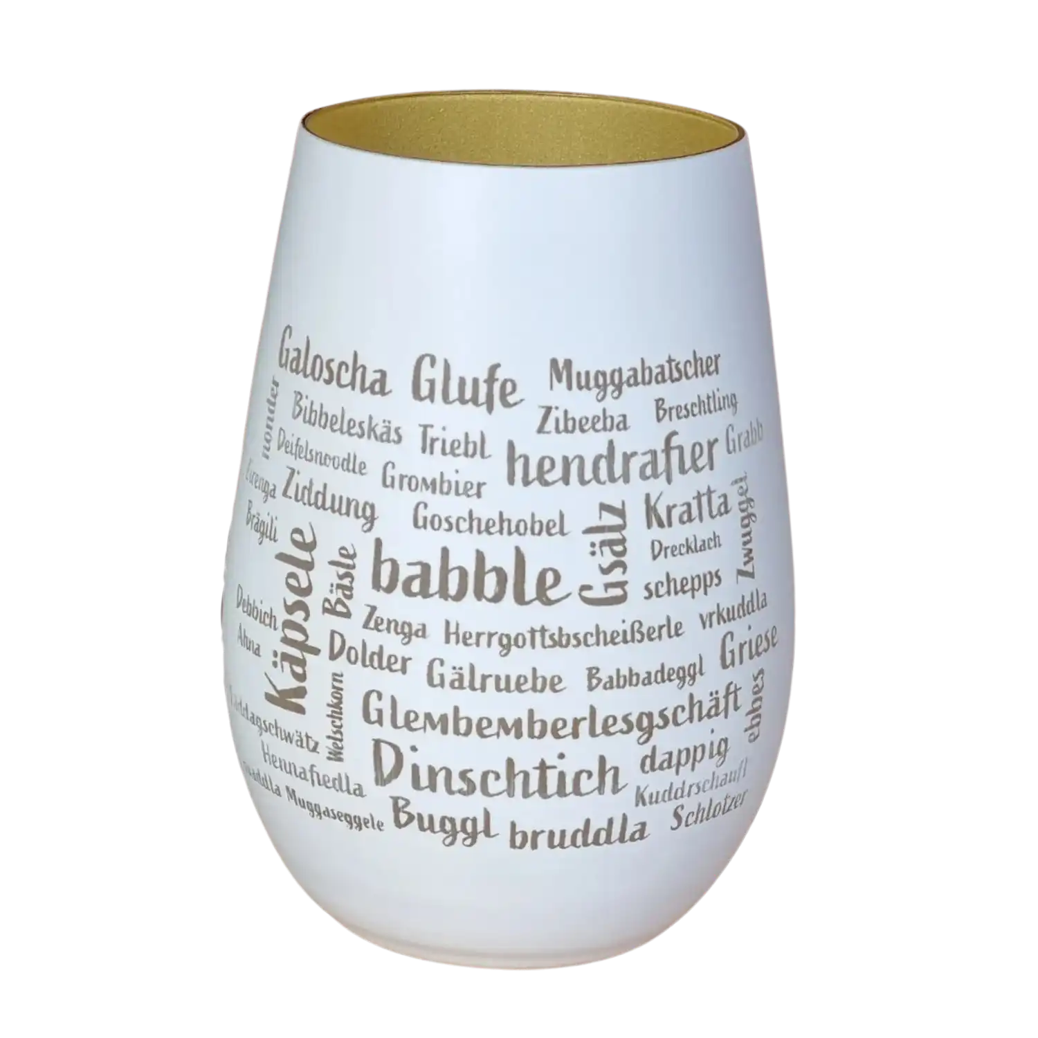 Weiße Mundart-Windlicht-Tasse der Schwarzwald Manufaktur, innen goldfarben, graue Schrift.
