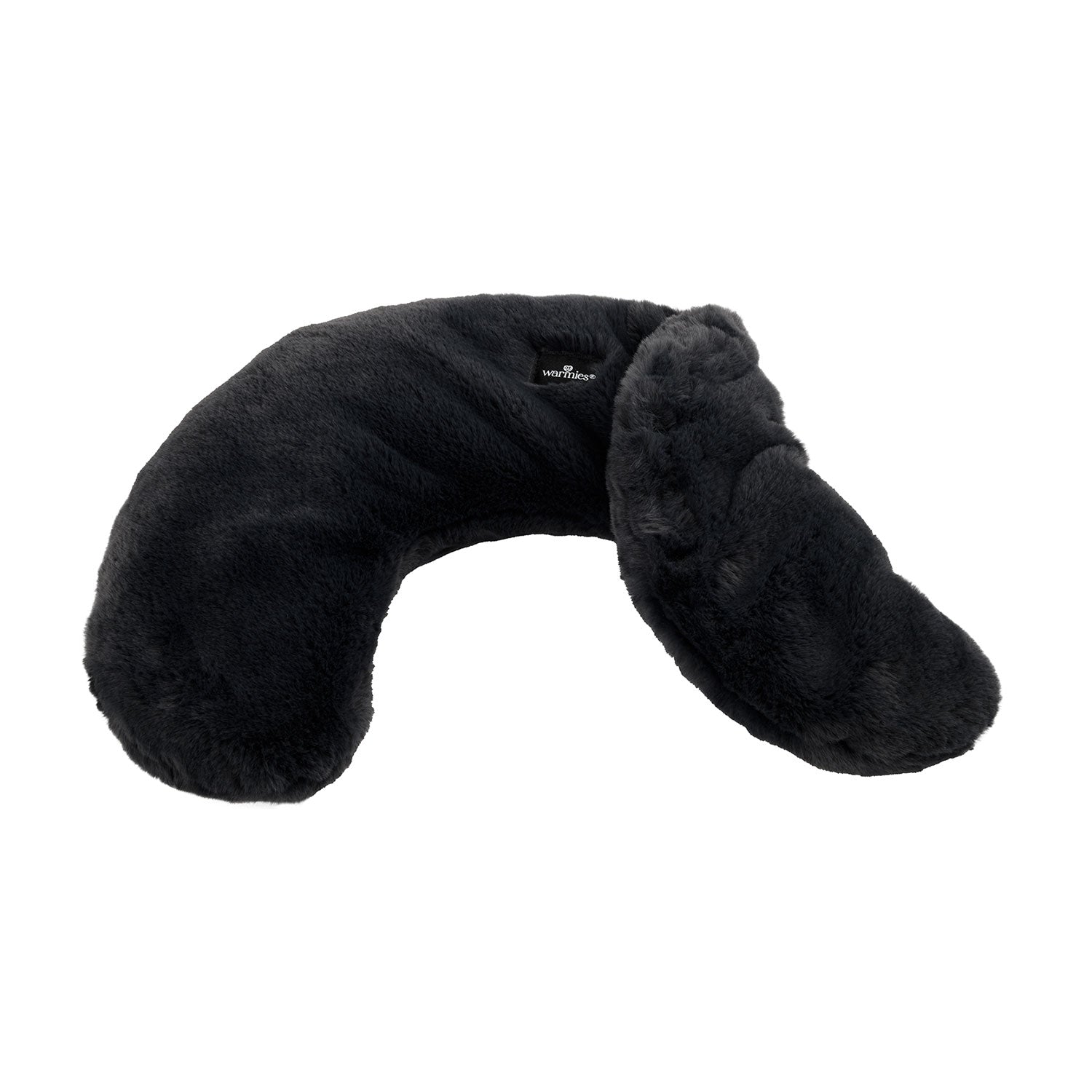 Der Nackenwärmer, ein flauschiges, dunkelgraues Nackenkissen in klassischer U-Form, liegt auf schlichtem weißem Untergrund. Seine weiche Textur verspricht Komfort und macht ihn ideal für entspannte Reisen oder gemütliches Entspannen. Dieser hochwertige Nackenwärmer bietet wohltuende Weichheit für jede Reise.