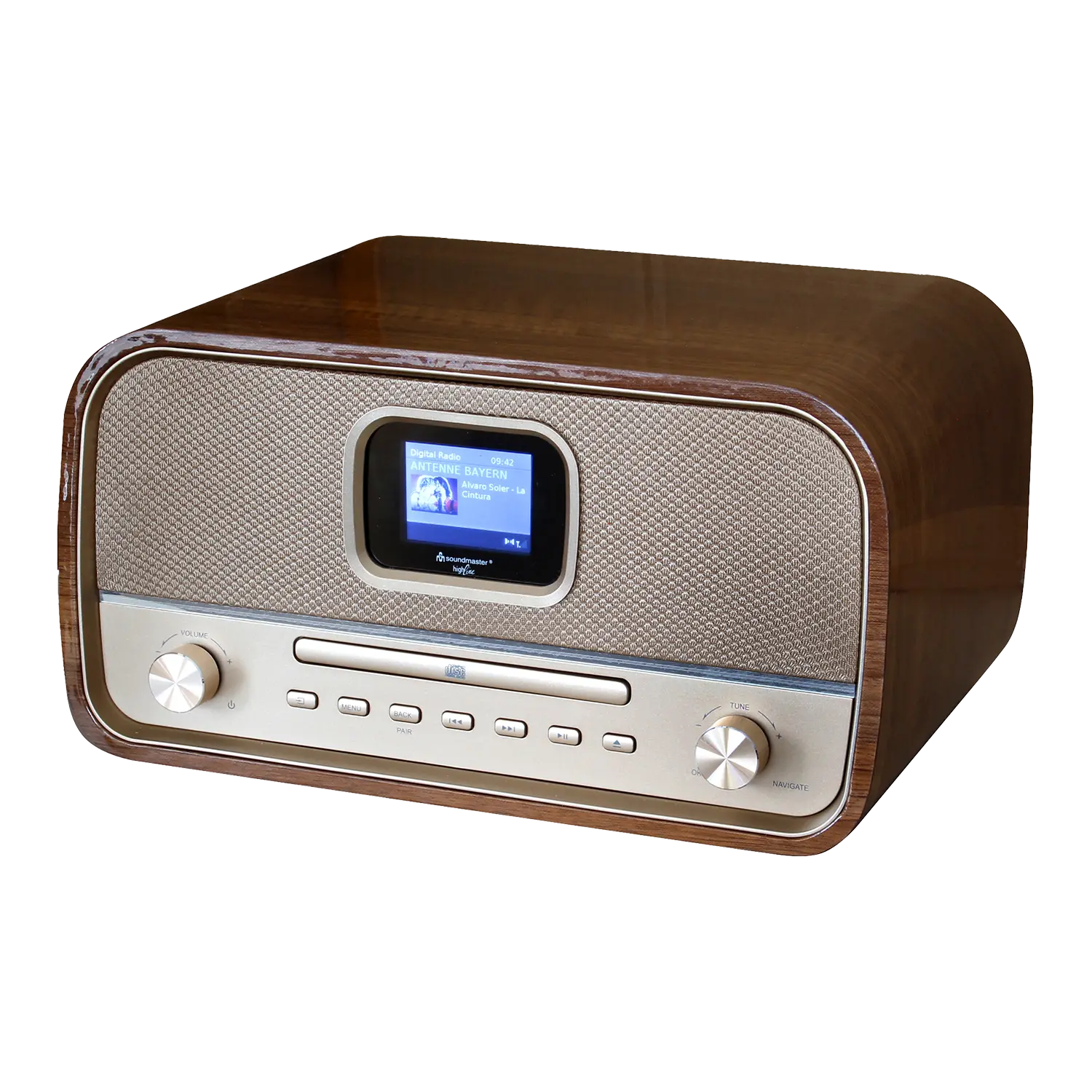 Nostalgie Stereo Musikcenter: Ein Radio im Vintage-Stil mit digitalem Bildschirm.