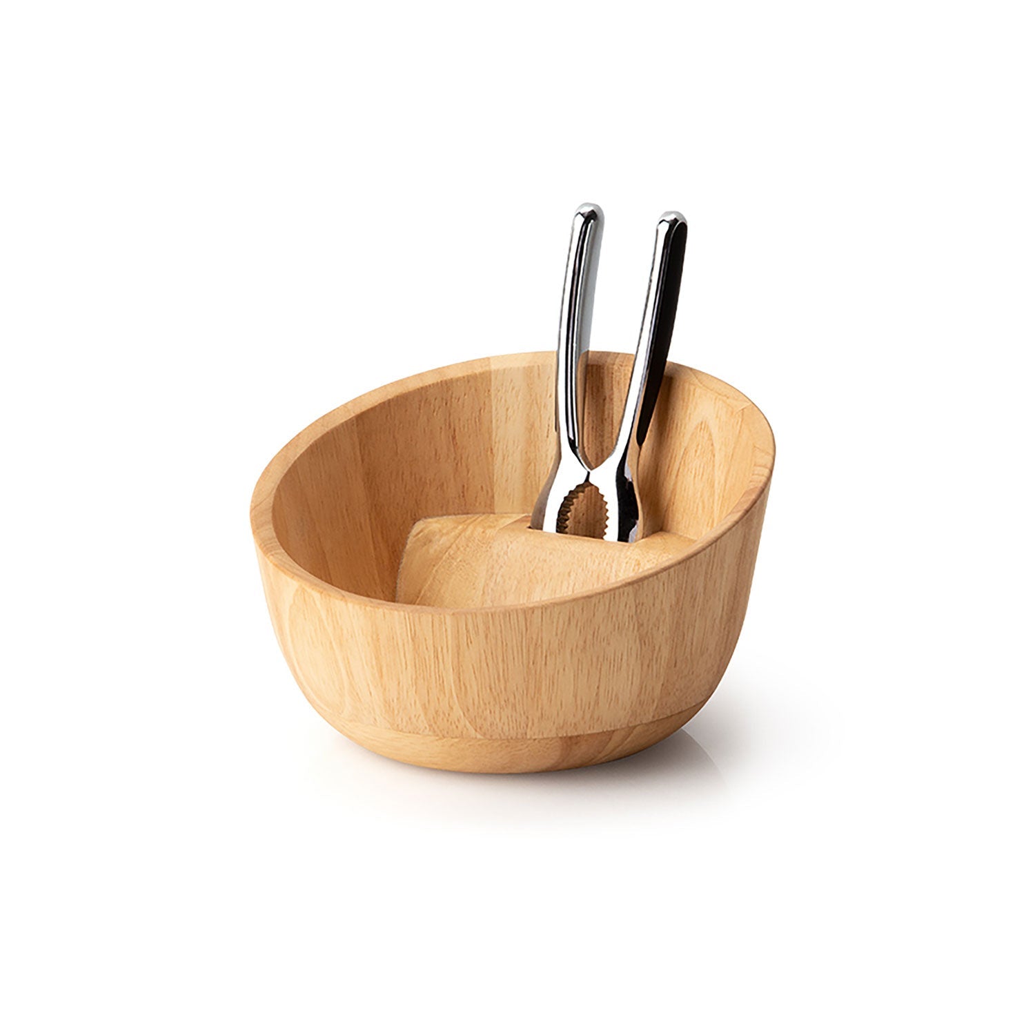 Die Nussschale mit Qualitätsknacker ist aus Gummibaumholz gefertigt und verfügt über einen integrierten Sockel mit einem Nussknacker aus Metall im Inneren. Sie hat eine natürliche Holzoberfläche und glatte Kanten und bietet einen rustikalen und zugleich modernen Look.