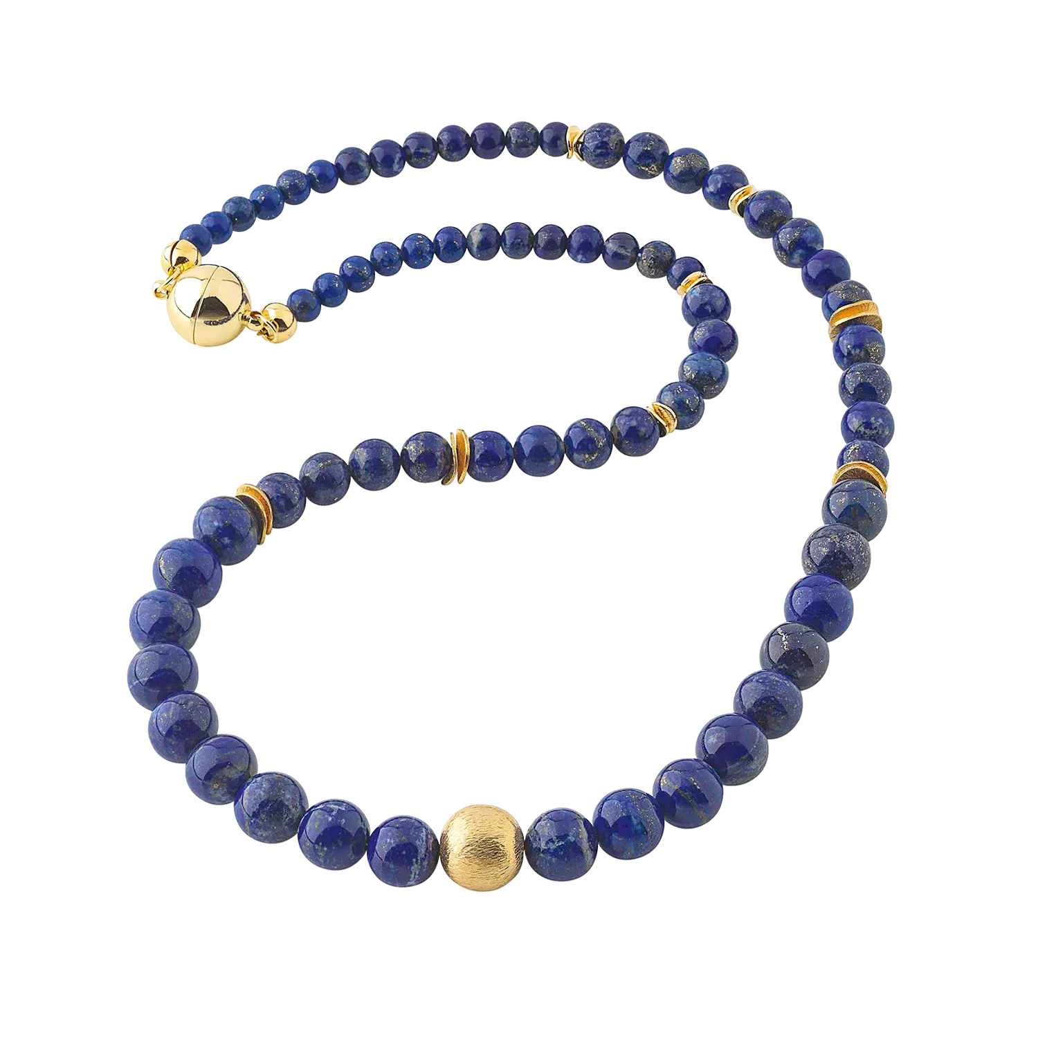 Collier "Blue Dreams" mit goldenen Akzenten und Magnetverschluss auf weißem Hintergrund.