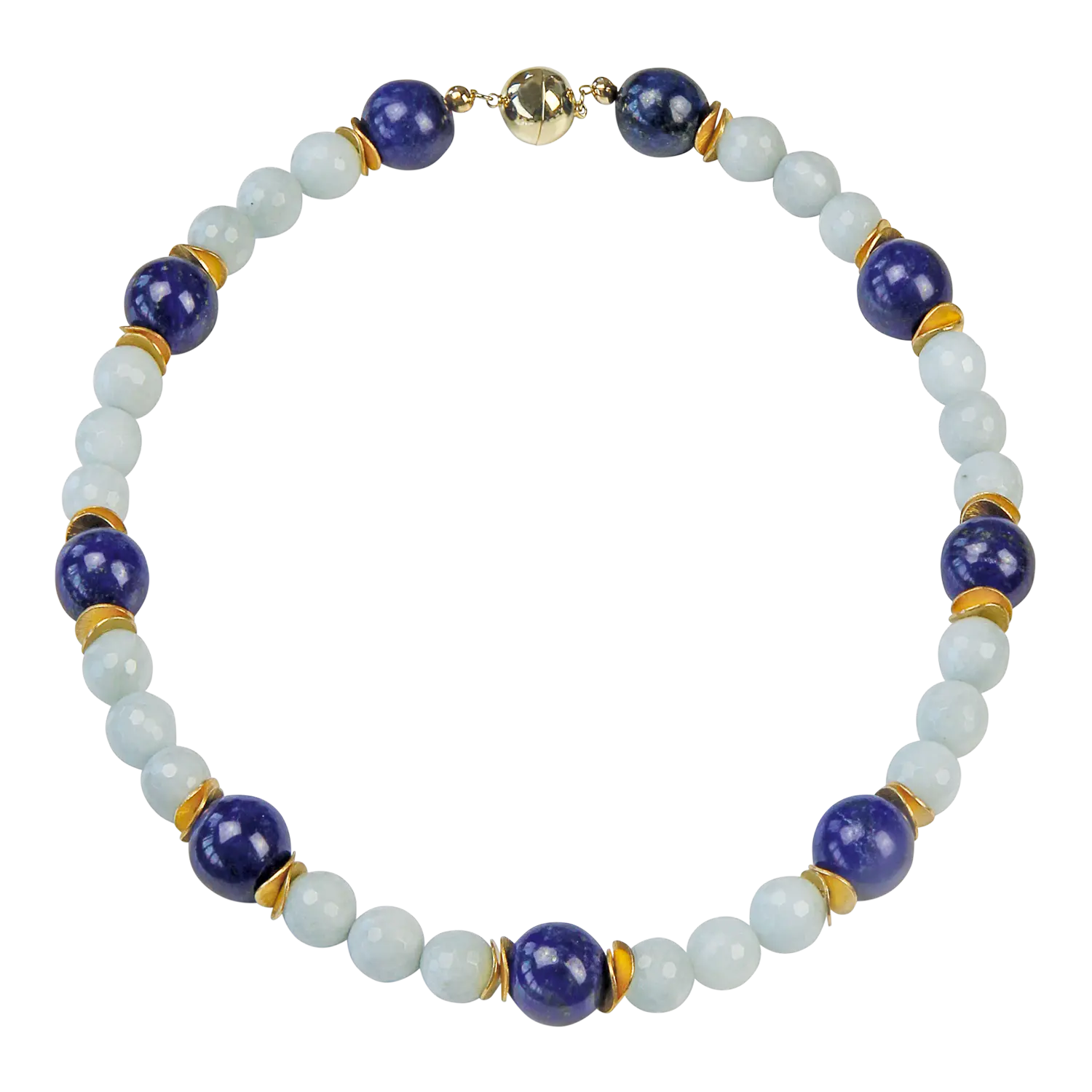 Natursteinschmuck Perlencollier Helena mit blauen und goldenen Perlen auf weißem Hintergrund.