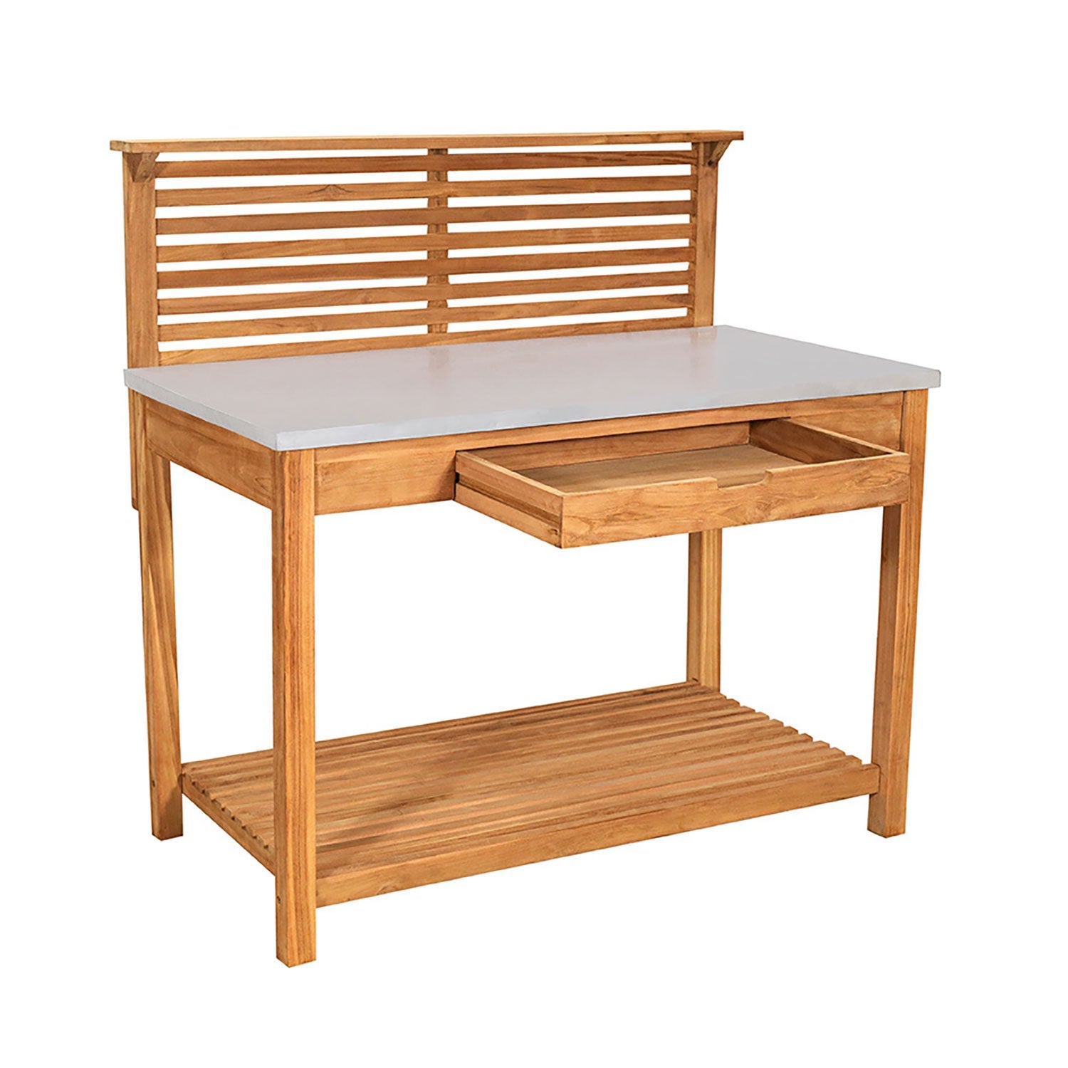 Der Pflanztisch Outdoor aus Holz verfügt über eine Lattenrückwand und eine glatte Tischplatte aus robustem Teakholz. Er verfügt über eine offene Schublade, stabile Beine und eine untere Lattenablage für Gartengeräte.