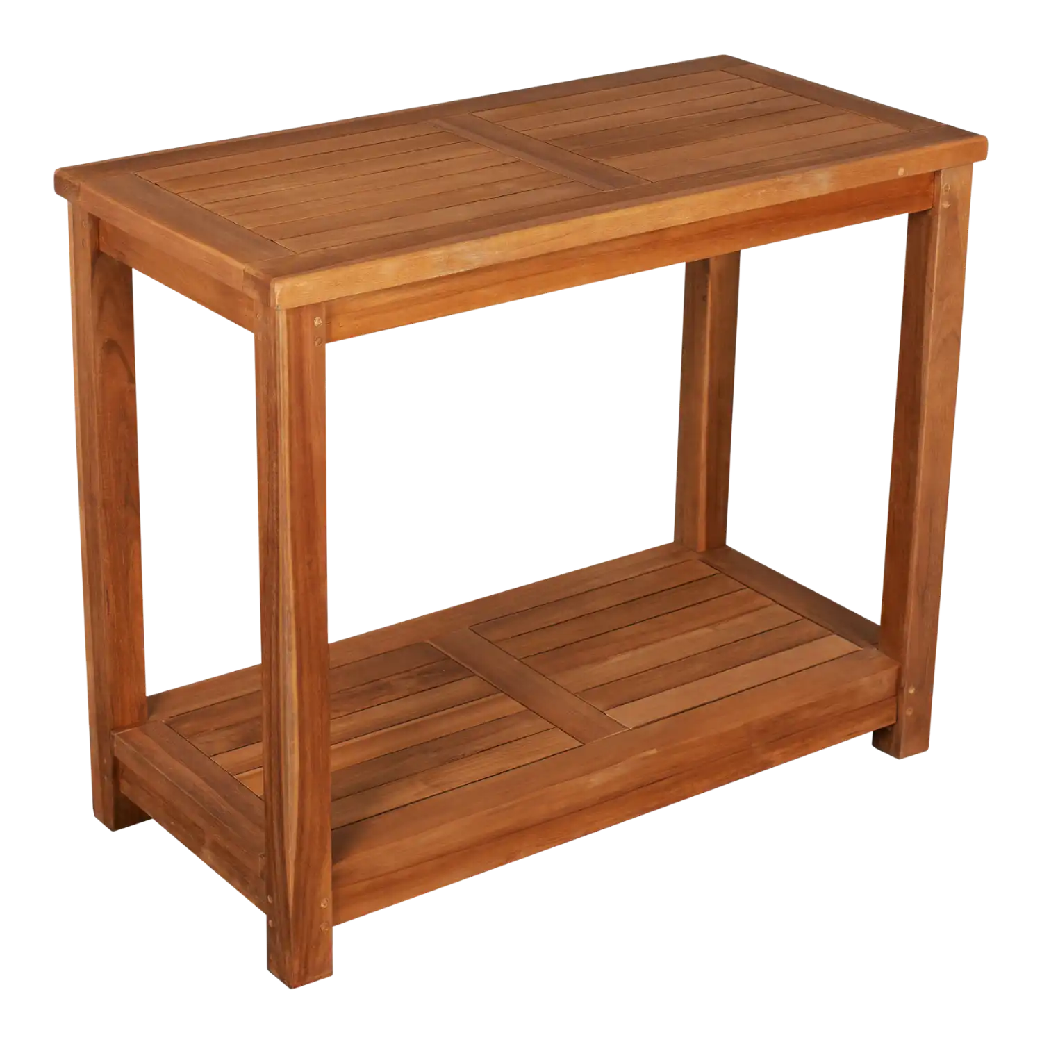 Arbeitstisch für den Garten mit Ablage, aus braun gebeiztem Holz.
