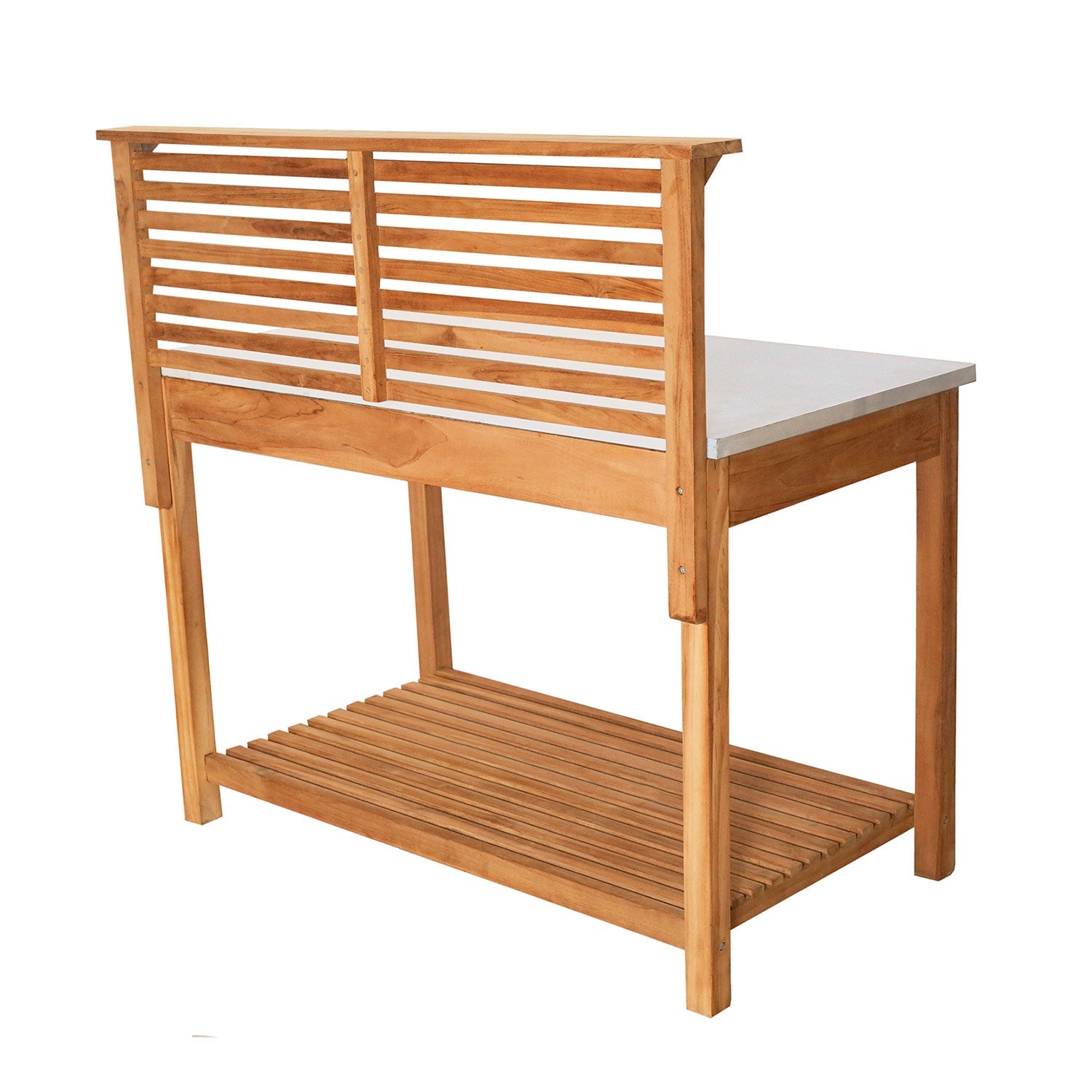 Der Pflanztisch Outdoor aus Holz verfügt über eine Lattenrückwand und eine untere Ablage, eine weiße Arbeitsfläche und viel Stauraum für Gartengeräte. Er wurde für die Gartenarbeit konzipiert und kombiniert Funktionalität mit einem natürlichen Holzfinish zur Aufbewahrung von Werkzeugen.