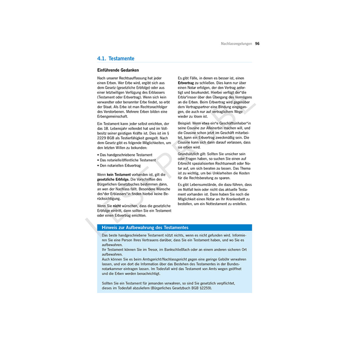 Das deutsche Dokument „Pflege und Vorsorge – Geregelt!“ Erörtert das Erbrecht und die Notwendigkeit eines Testaments, verfügt über eine Einleitung, einen blau hervorgehobenen Tippkasten zur Abfassung und dient als Handlungsleitfaden, der seine Bedeutung bei Pflegebedürftigkeit hervorhebt.