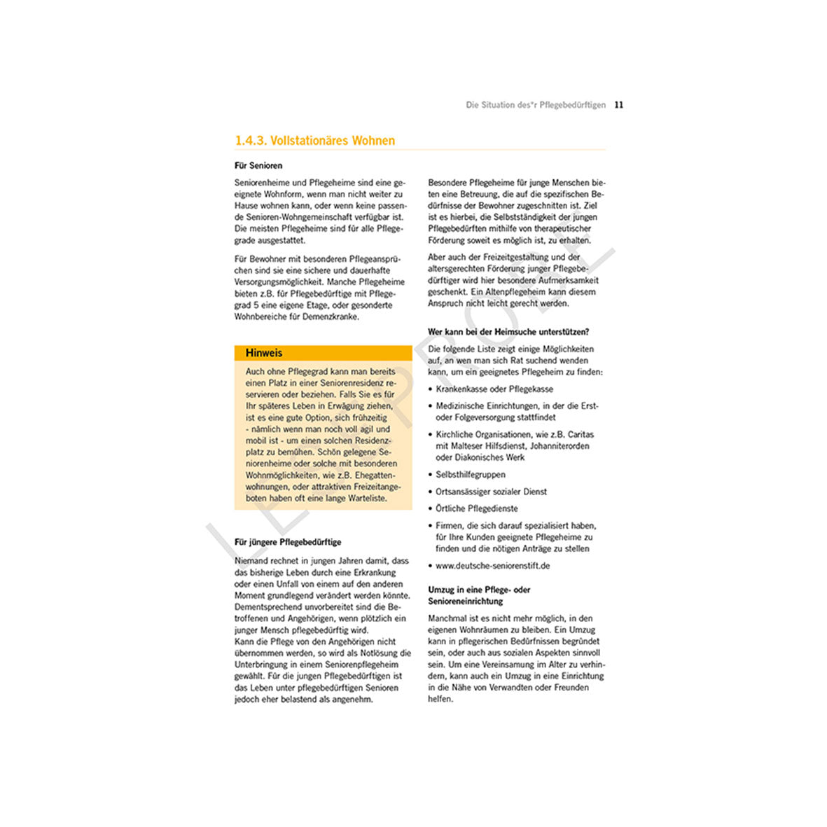 Das deutsche Dokument mit dem Titel „1.4.3. Vollstationäres Wohnen“ aus „Pflege und Vorsorge – Geregelt!“ deckt Pflegeoptionen bei Pflegebedürftigkeit ab, mit gelben Markierungen für zusätzliche Informationen und schwarzem Text, der in Absätzen und Aufzählungspunkten als nützlicher Handlungsleitfaden organisiert ist.