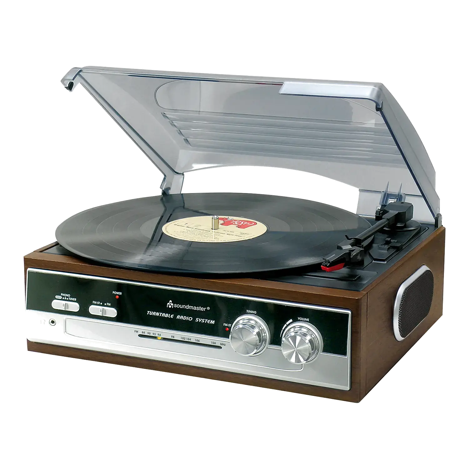 Retro Plattenspieler mit UKW Stereoradio, Vinyl und offenem Staubschutz.