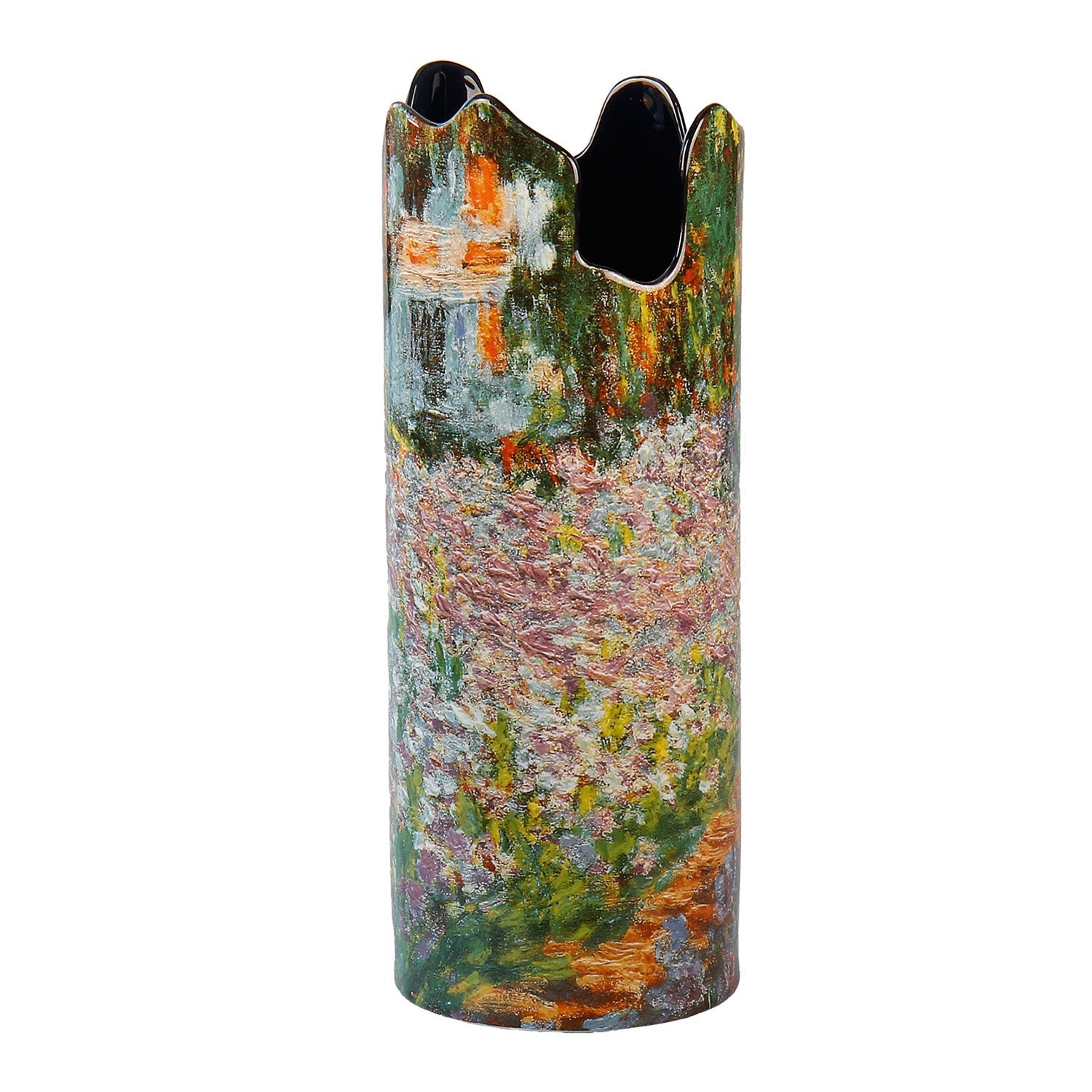 Die Porzellanvase „Irisbeet in Monets Garten“ ist eine hohe, runde Keramikvase mit einem impressionistischen Gemälde in leuchtenden Farben. Die Gartenszene blüht mit Blumen und Wasserspiegelungen, während der unebene Rand für eine einzigartige künstlerische Note sorgt.