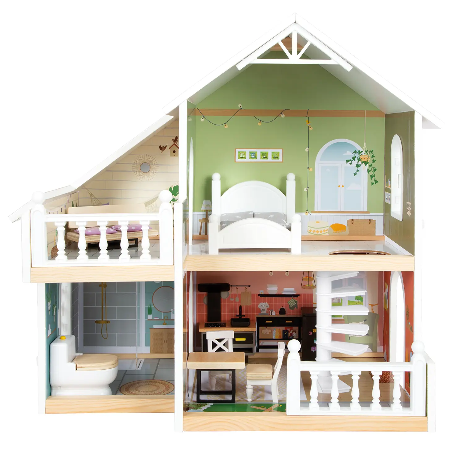 Das Puppenhaus mit Dachterrasse verfügt über glatte, abgerundete Sichträume.
