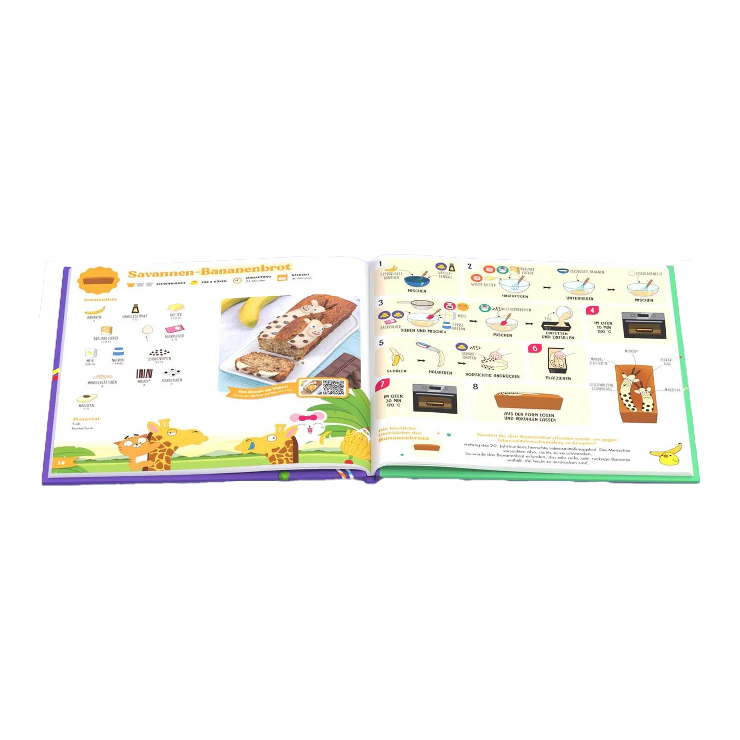 Rezeptbuch Set Kinderleichte Kuchen und Desserts offen mit Bananenbrot-Rezept.