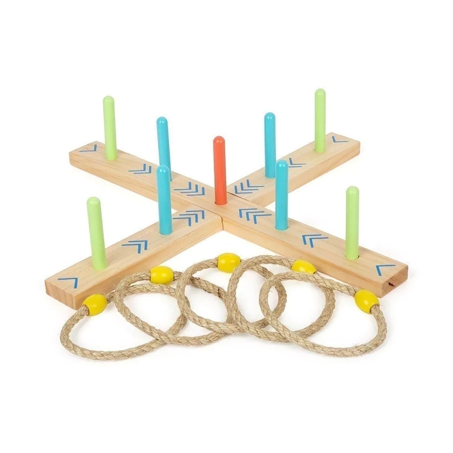 Ringwurfspiel für Kinder aus Holz mit bunten Seilringen und Perlen.