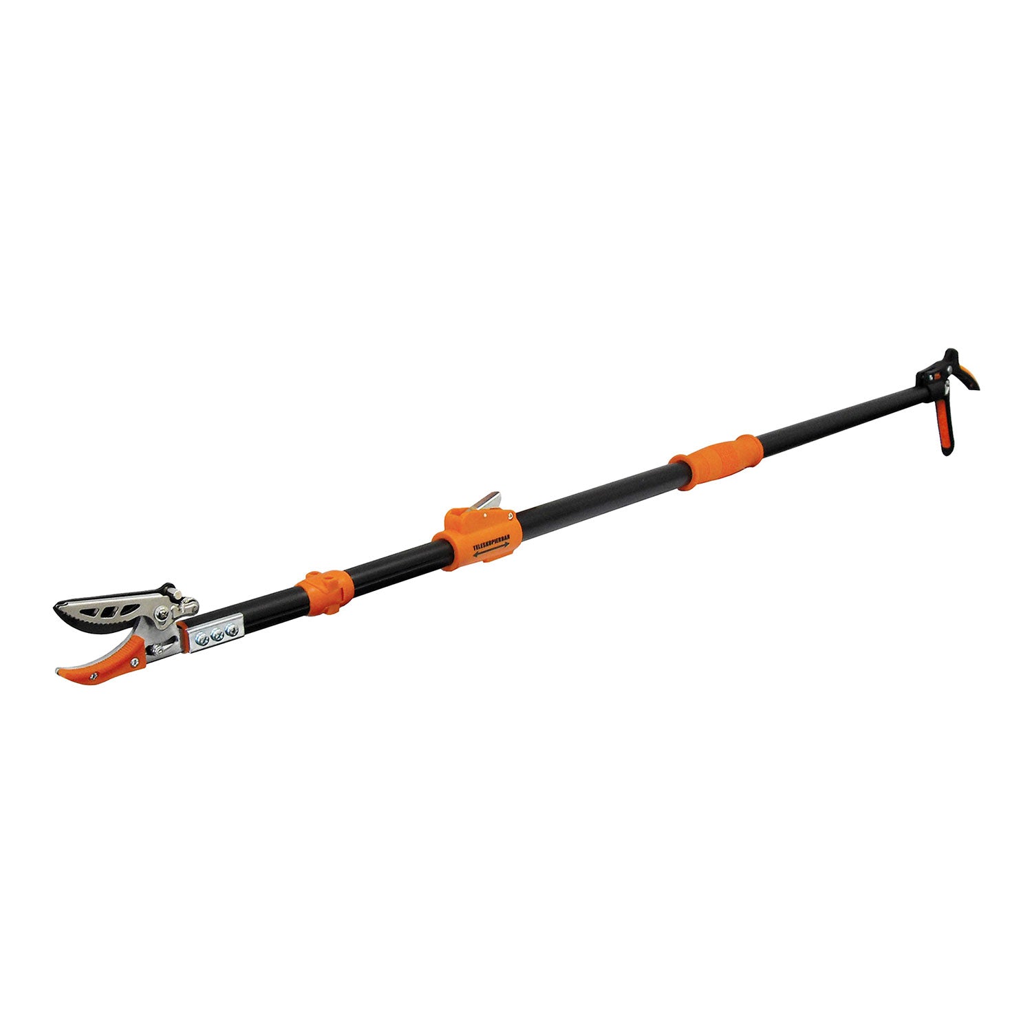 Teleskopierbare Rosenschere mit orangener und schwarzer Klinge.