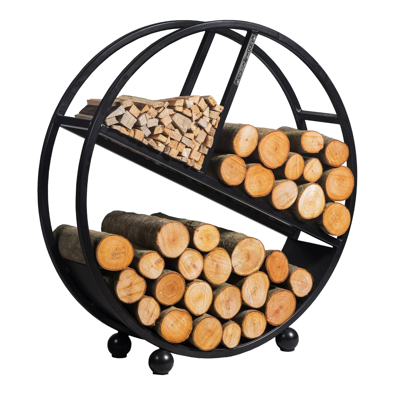 Kaminholzregal Kalifornien rund, schwarz, modern mit CSS gestaltet.