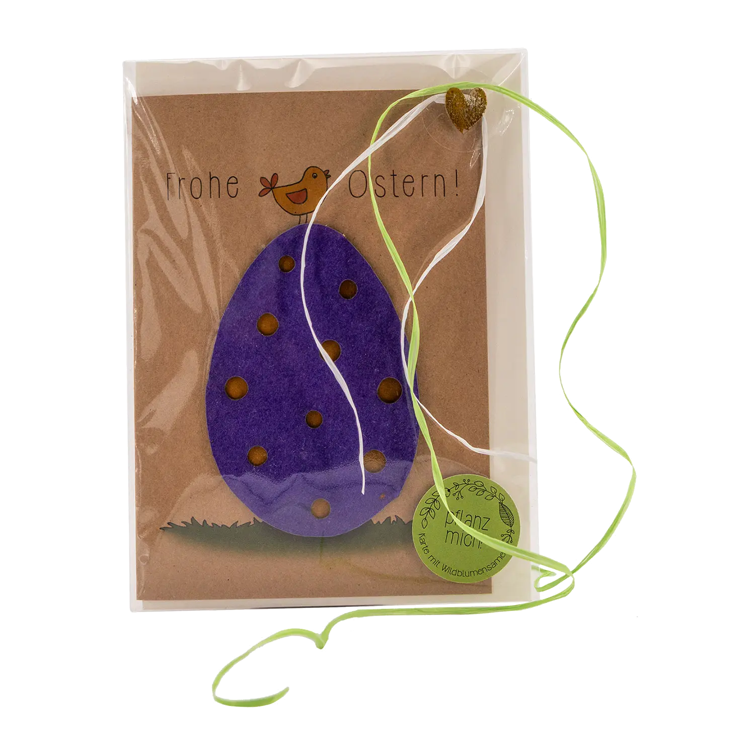 Ostergeschenk für den Garten: Osterkarte mit lila Ei, Vogel Frohe Ostern.