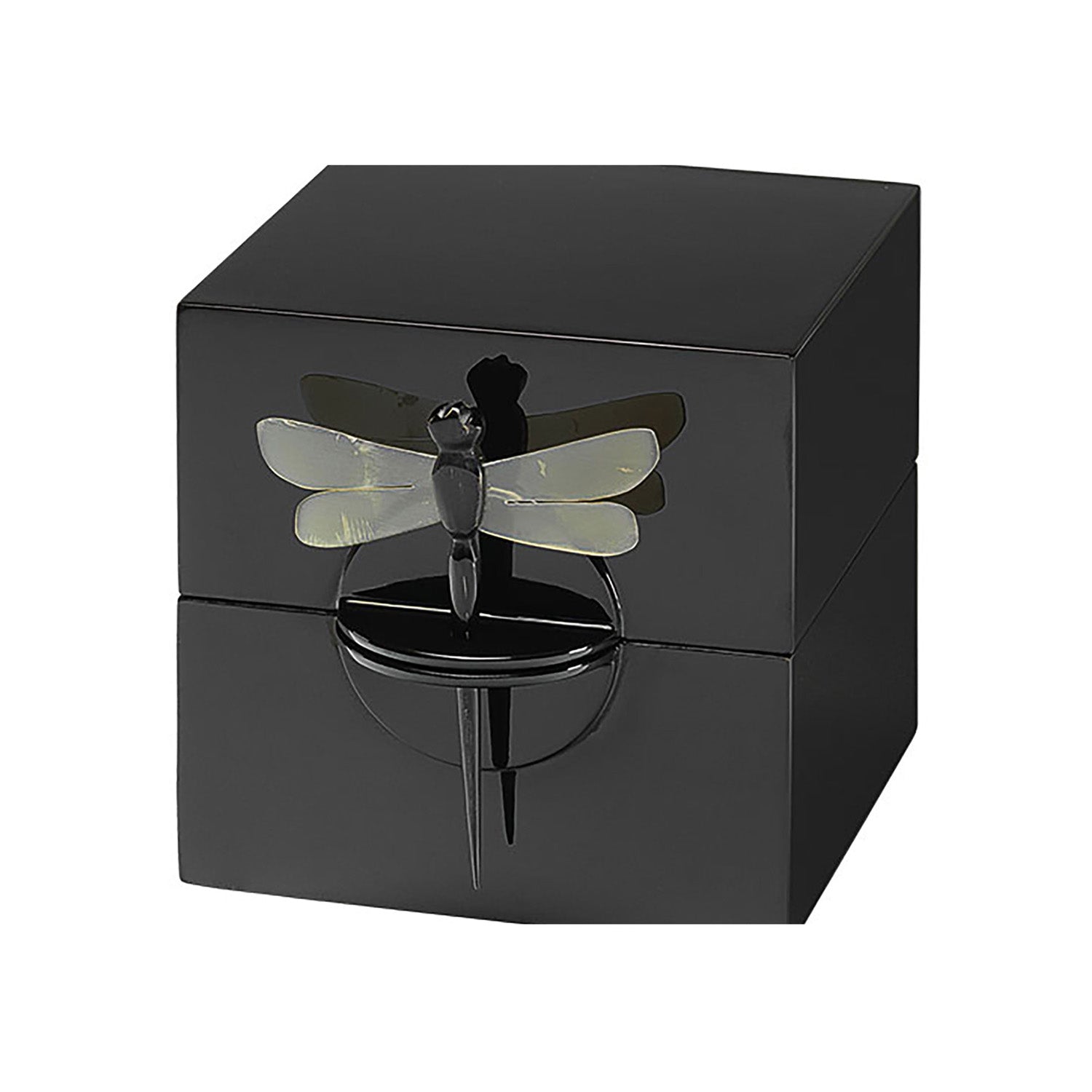 Die Schatulle „Dragon Fly“ (Schwarz) ist eine glänzend schwarze, würfelförmige Schmuckschatulle mit einem zentralen Libellenornament mit durchscheinenden Flügeln, die ihr minimalistisches und elegantes Design unterstreichen.