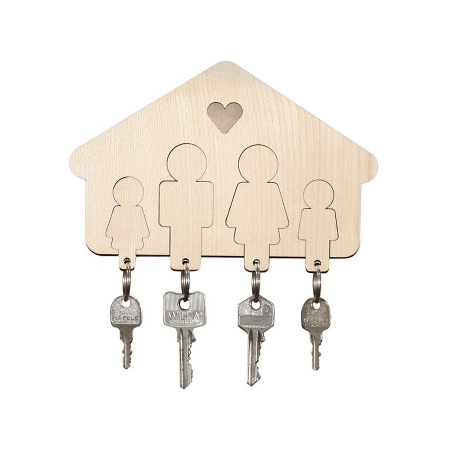 Das Schlüsselanhängerbrett aus Holz ist eine charmante Geschenkidee in Form eines Hauses. Es bietet Platz für vier Schlüsselanhänger in Form von Familienmitgliedern – zwei größere und zwei kleinere Figuren – und ist mit einer Herzgravur am oberen Ende versehen, was es zu einem bezaubernden Wohnaccessoire macht.