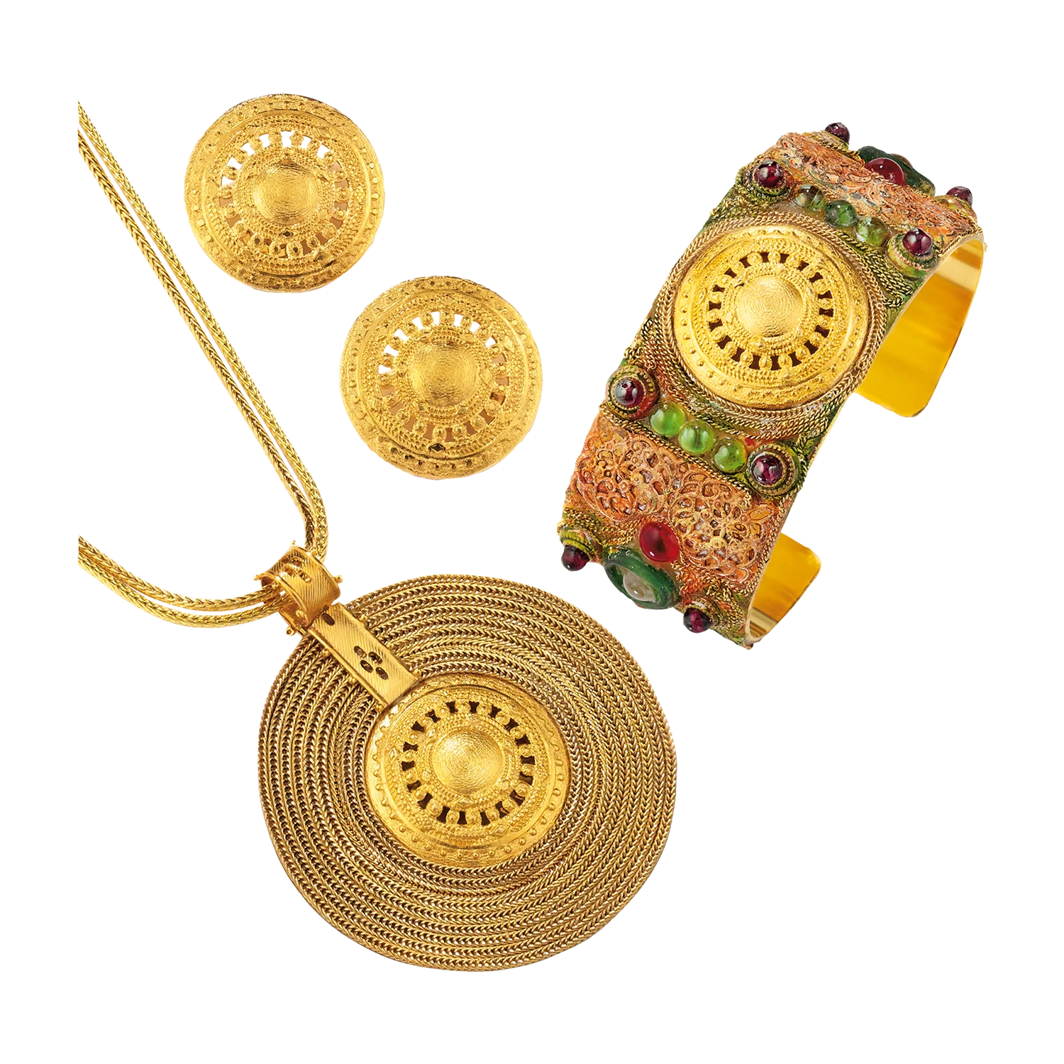 Spirituelles Schmuckset Aton-Sonnenrad mit einem mit Edelsteinen besetzten Armband.